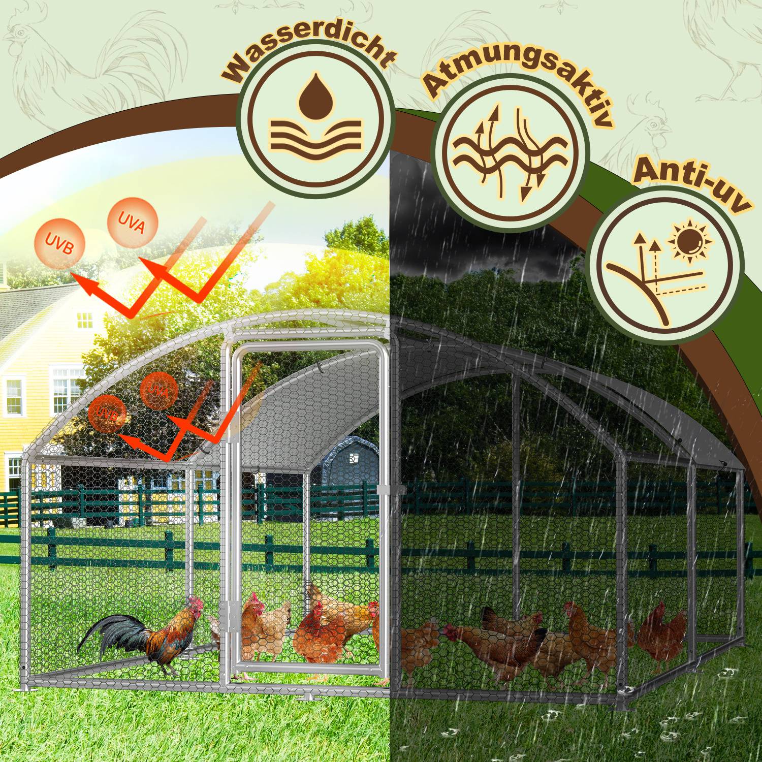 Ein Hühnerstall ist zu sehen, dessen Dach klar zwischen sonnigem und regnerischem Wetter unterscheidet. Icons heben Merkmale hervor: wasserdicht, atmungsaktiv und UV-beständig.