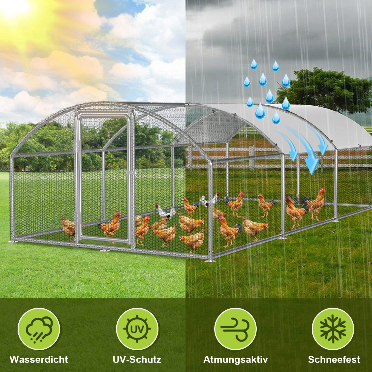 Ein Hühnerstall auf einem grasigen Feld mit mehreren Hühnern im Inneren. Überlagerungssymbole zeigen Eigenschaften an: wasserdicht, UV-Schutz, atmungsaktiv und schneeresistent.