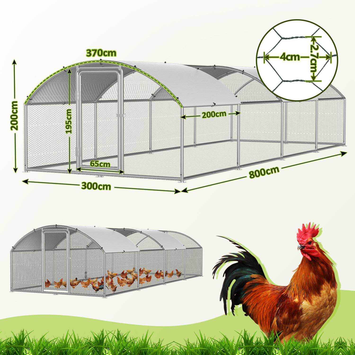 Großer Metallhühnerstall mit Maschendrahtabdeckung, gewölbtem Dach und Eingangstür, für den Außeneinsatz konzipiert. Ein Hahn steht auf Gras neben dem Stall.