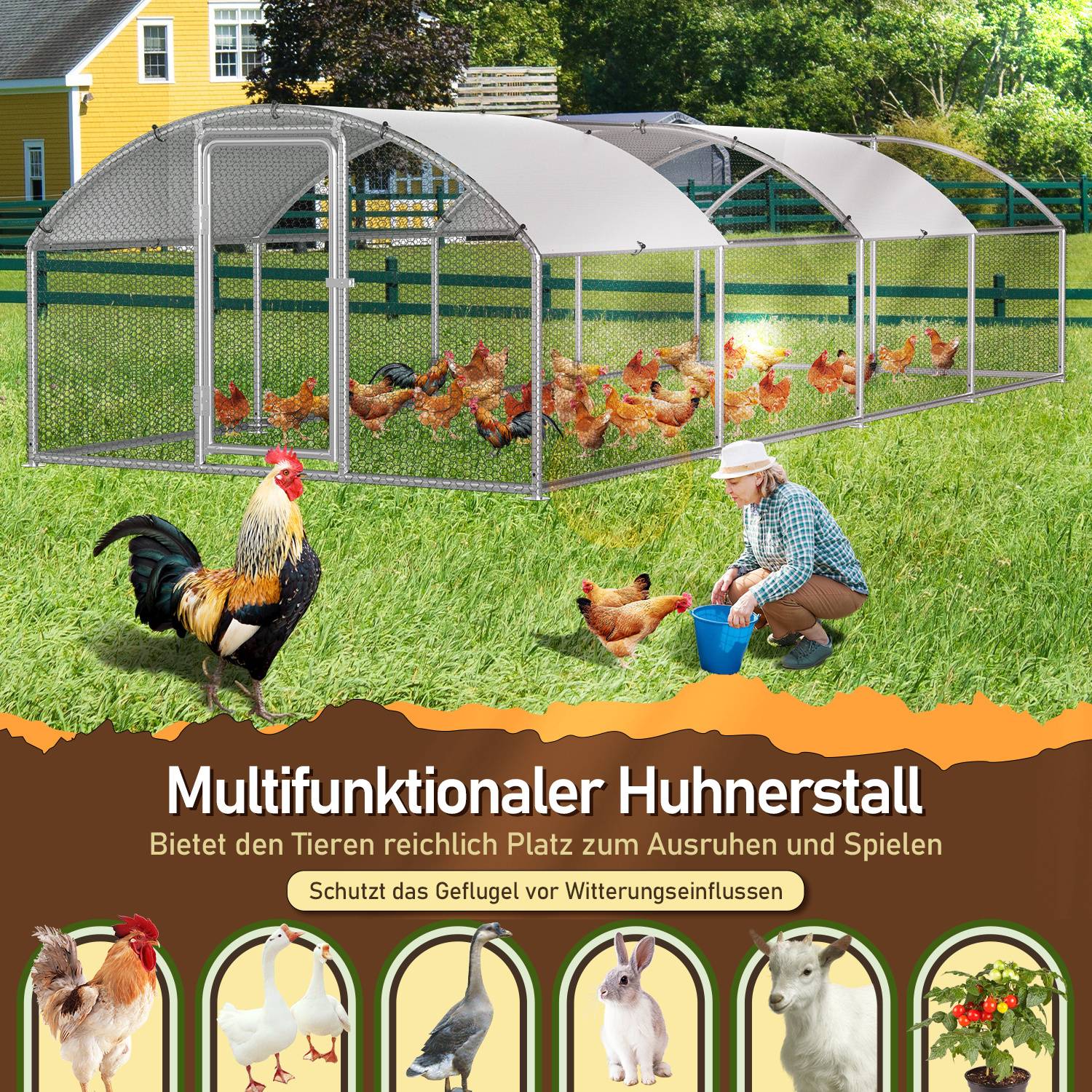 Ein Mann versorgt Hühner in der Nähe eines großen, multifunktionalen Hühnerstalls auf einer Grünfläche. Text lautet 