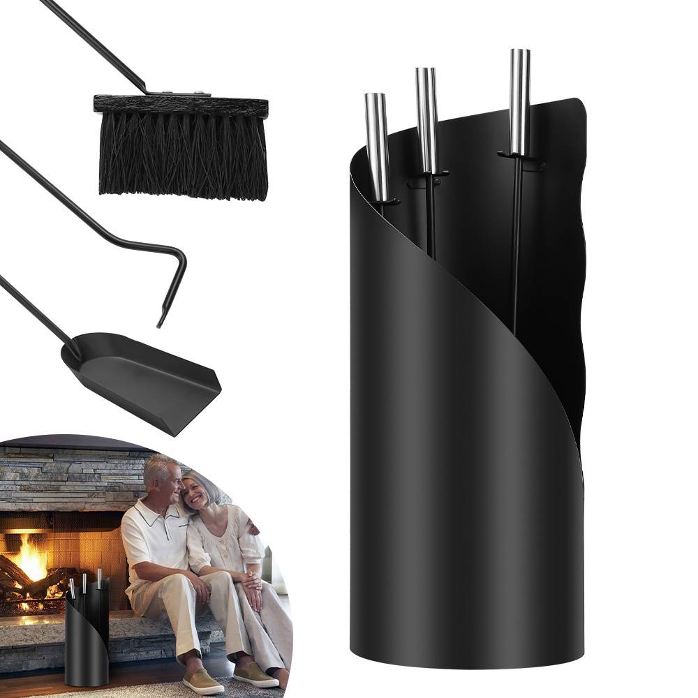 4-teilig Kaminbesteck Schürhaken Zubehör Schmiedeeisen Rund Zubehörset mit Besen