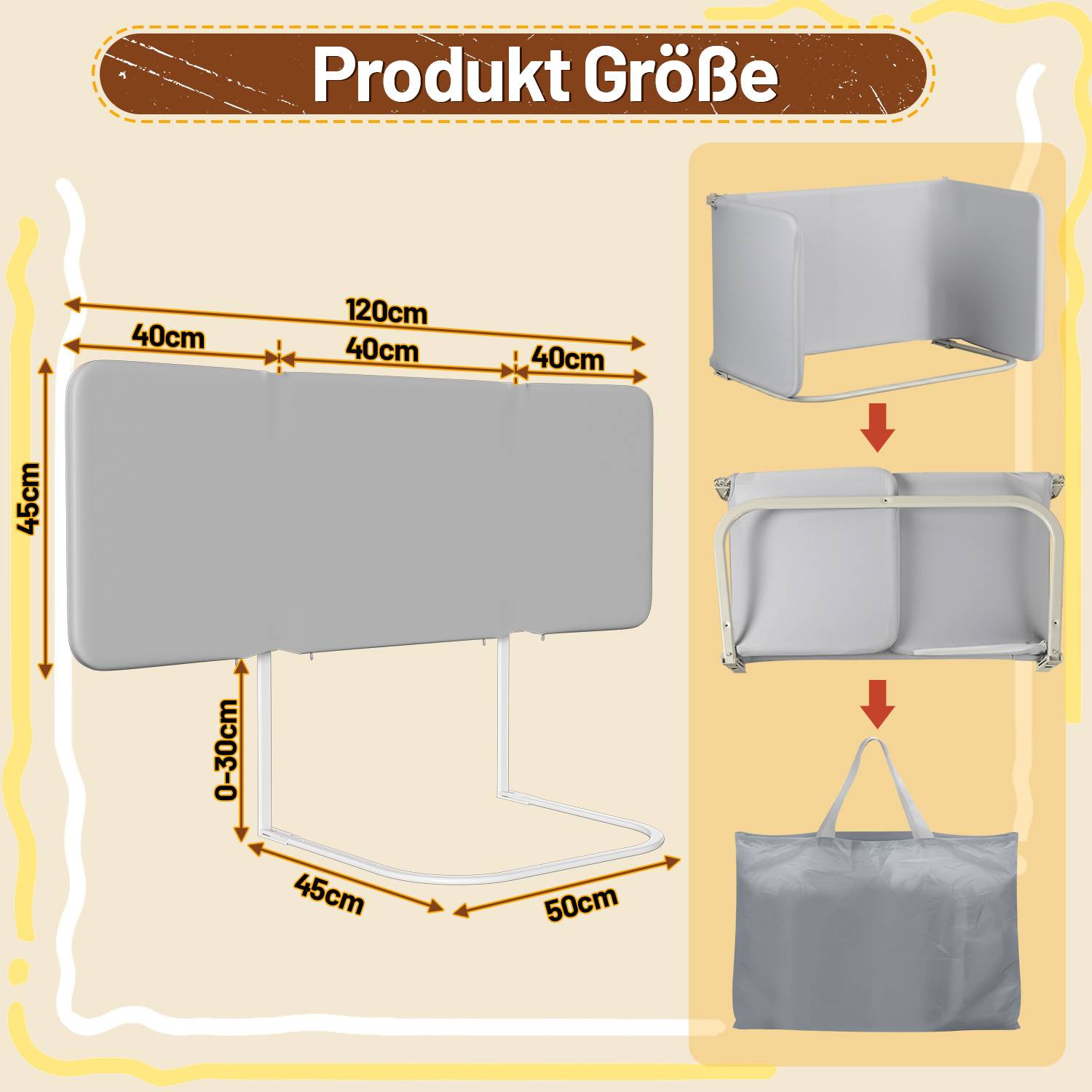 Bettschutzgitter Bettgitter Kinderbettgitter 120cm Grau Faltbar mit 2 Befestigungsbändern und Aufbewahrungsbeutel Höhenverstellbar Rausfallschutz