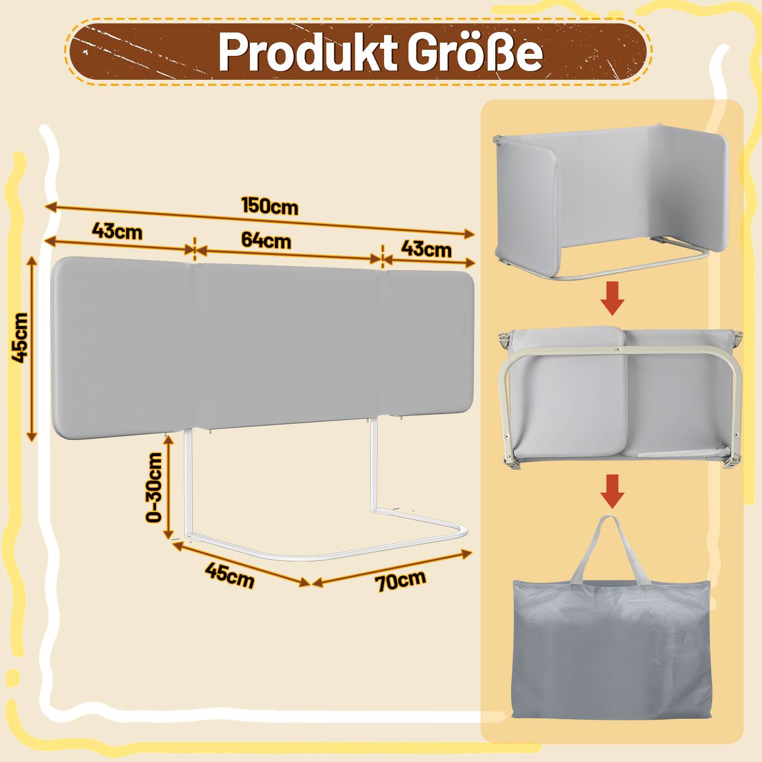 Bettschutzgitter Bettgitter Kinderbettgitter 150cm Grau Faltbar mit 2 Befestigungsbändern und Aufbewahrungsbeutel Höhenverstellbar Rausfallschutz