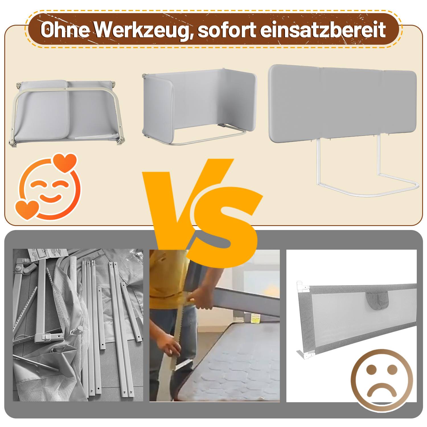 2x Bettschutzgitter Bettgitter Kinderbettgitter 180cm Grau Faltbar mit 2 Befestigungsbändern und Aufbewahrungsbeutel Höhenverstellbar Rausfallschutz