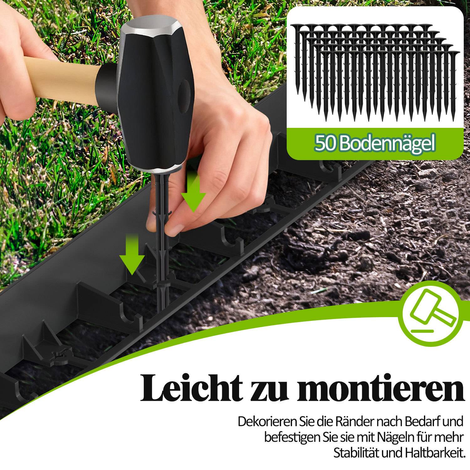 12m Flexible Rasenkante aus Kunststoff zur Verankerung Beetumrandung Beeteinfassungen Mähkante Pflasterkante Schwarz mit 50 Erdanker