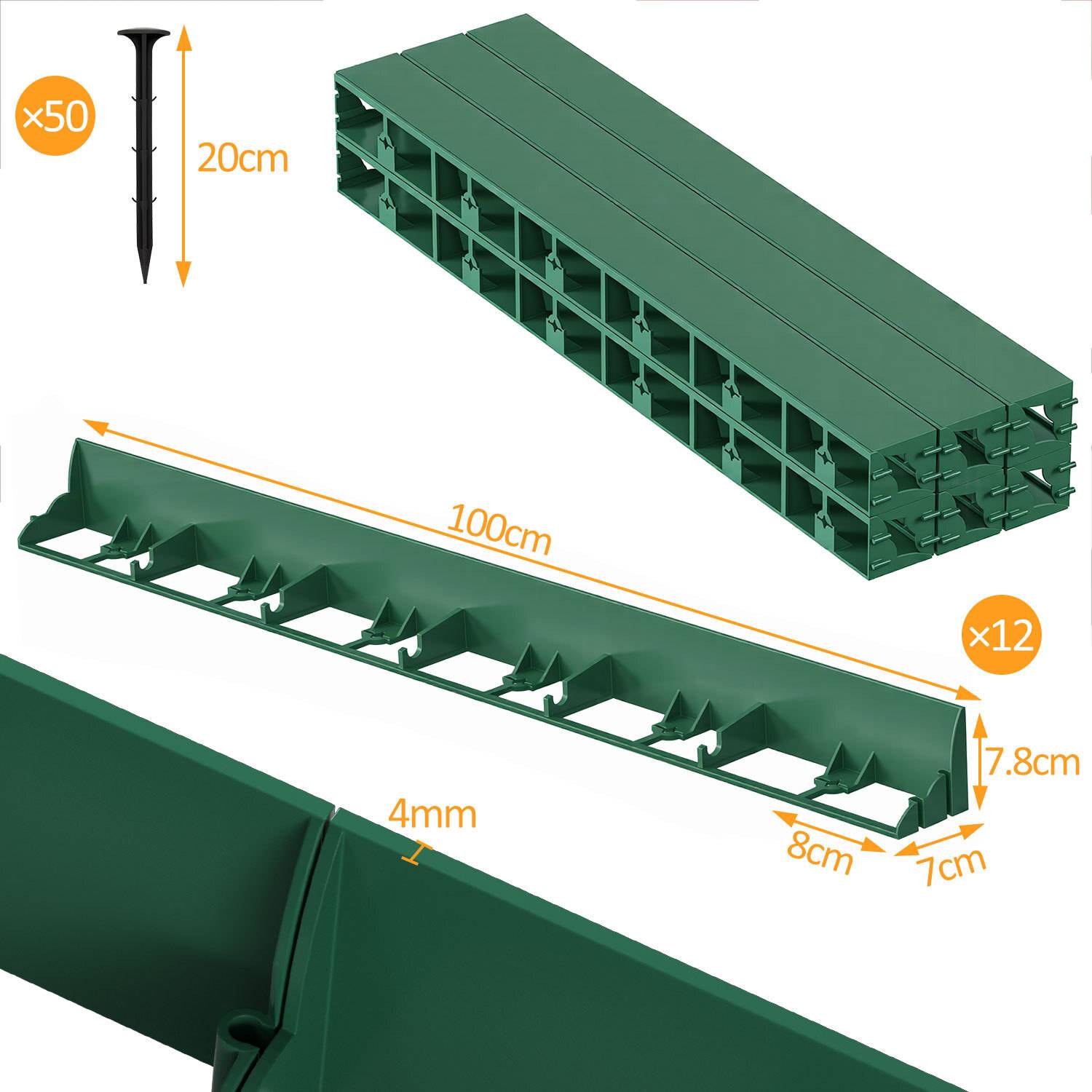 48m Flexible Rasenkante aus Kunststoff zur Verankerung Beetumrandung Beeteinfassungen Mähkante Pflasterkante Grün mit 200 Erdanker