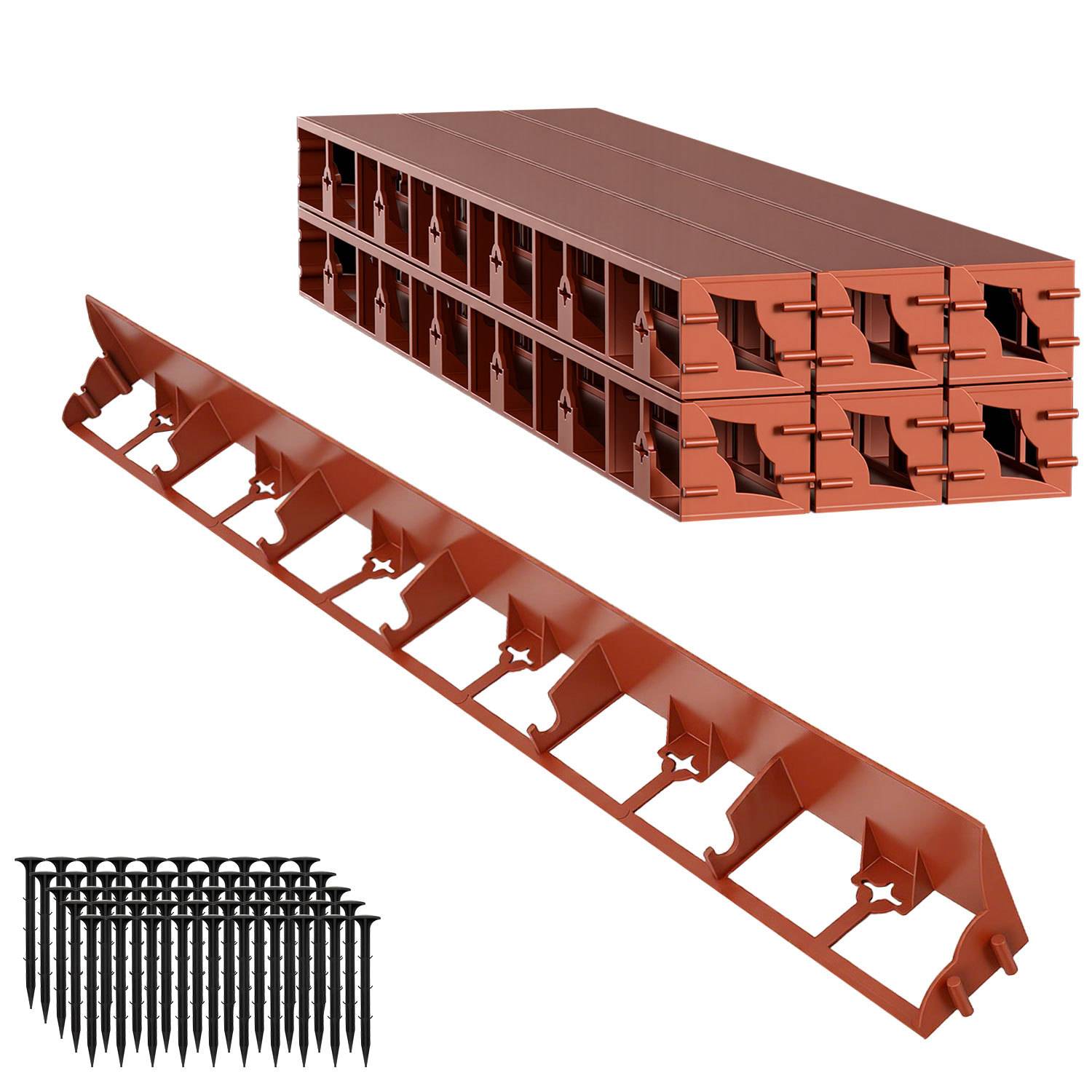 Produktbild einer rötlich-braunen Dachrinnenabdeckung und Montagehalterungen, dargestellt mit einer Nahaufnahme des geschlitzten Panels und einem Stapel schwarzer Schrauben oder Nägel auf weißem Hintergrund.