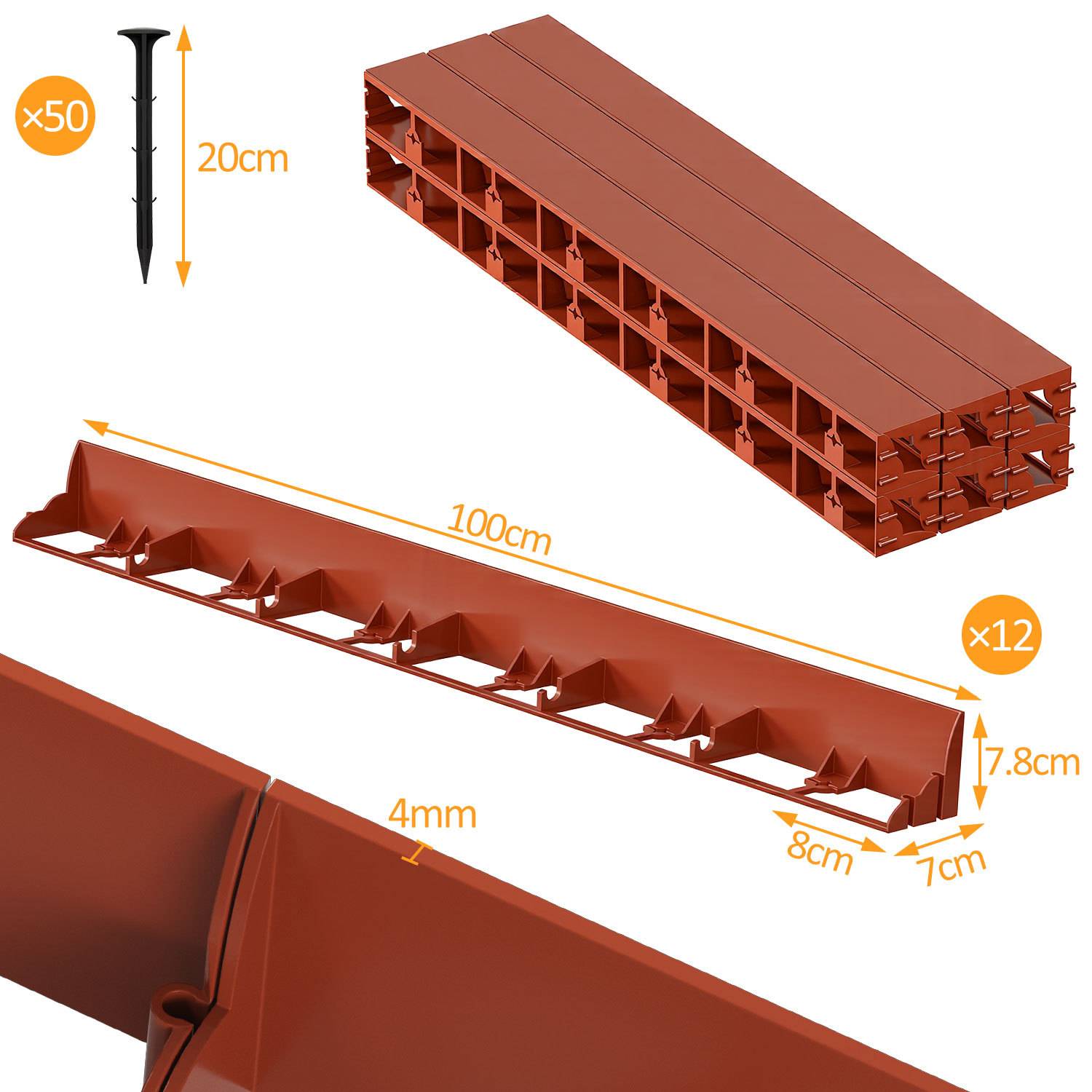 Diagramm von terrakottafarbenen verschachtelten Blöcken mit Abmessungen: 100 cm Länge, 7,8 cm Höhe, 7 cm Breite, 4 mm Dicke, plus 20 cm Nägel; Mengen x50 und x12 angezeigt.