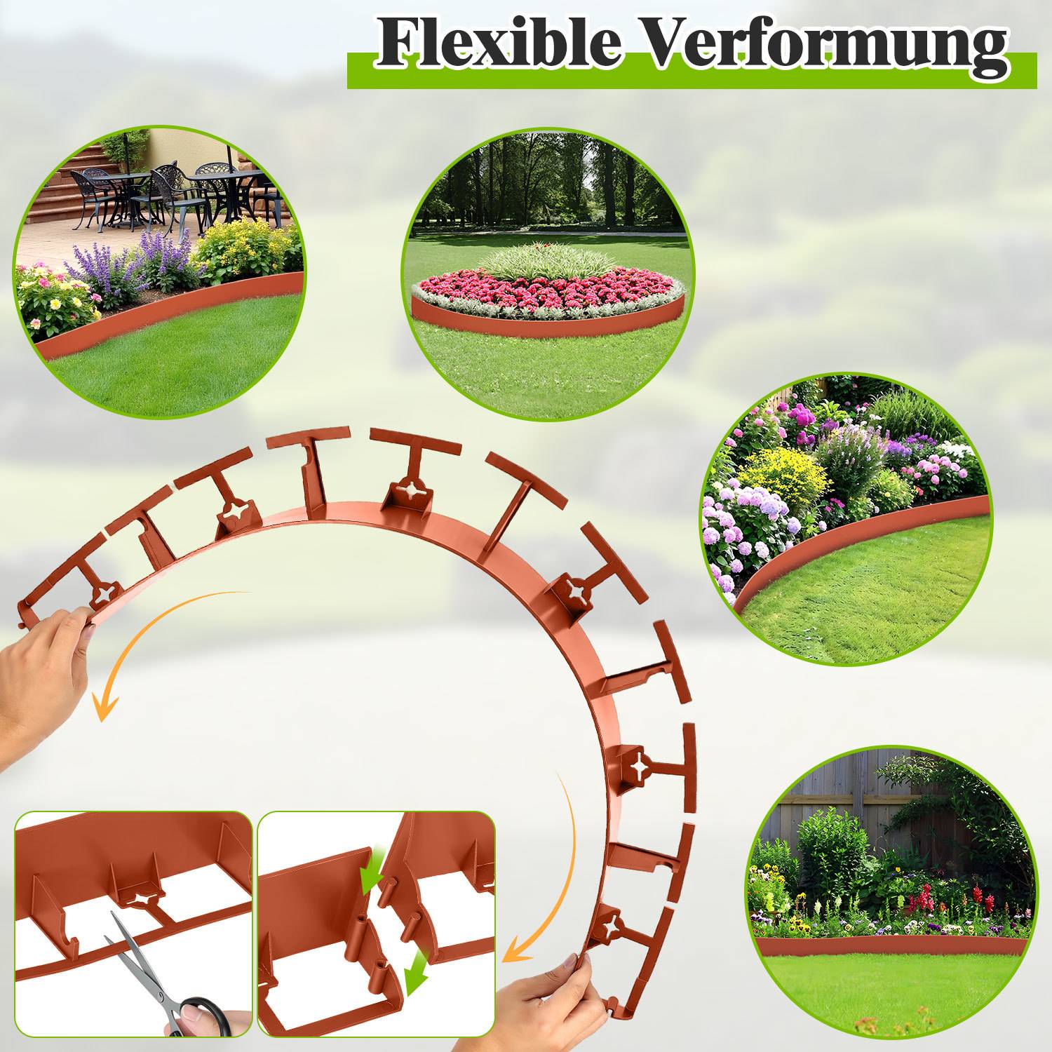 Flexible Kanteneinfassung, die von Hand in eine gekrümmte Garteneinfassung gebogen wird, mit eingesetzten Fotos, die zeigen, wie sie um Blumenbeete und Rasenflächen installiert ist.