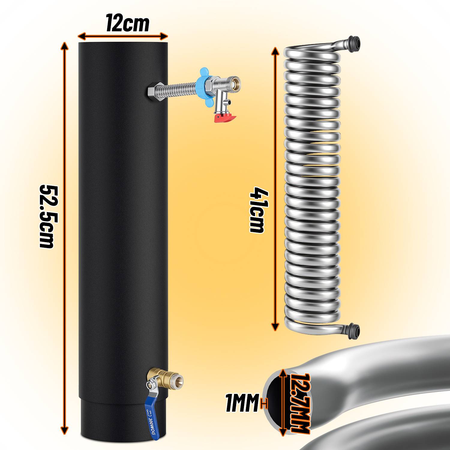 Ofenrohr mit Edelstahl-Heizschlange, 12 cm Durchmesser, 52,5 cm Höhe, komplettes Heizset mit Ventil und Zubehör für Warmwasser und Hausheizung