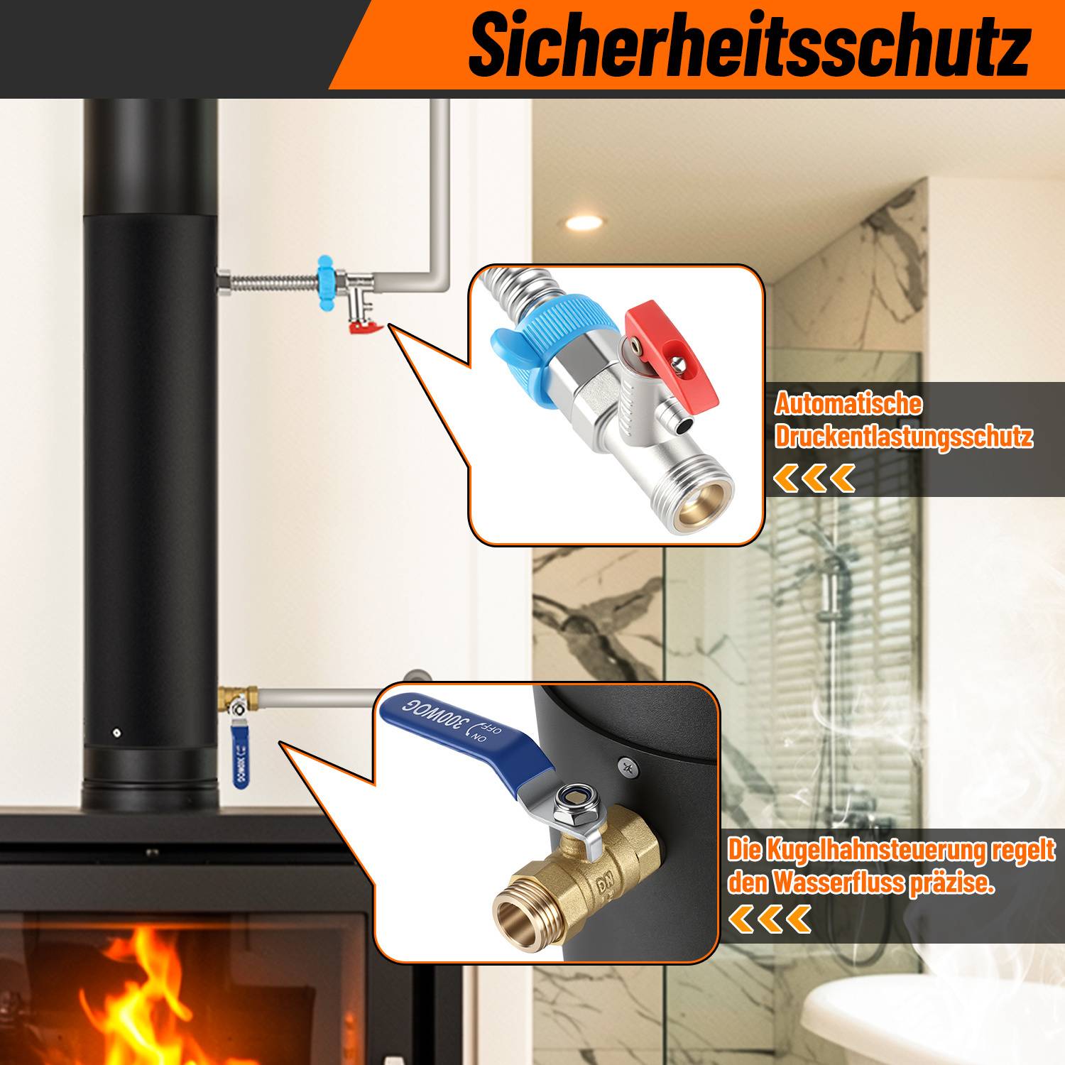 Ofenrohr mit Edelstahl-Heizschlange, 12 cm Durchmesser, 52,5 cm Höhe, komplettes Heizset mit Ventil und Zubehör für Warmwasser und Hausheizung