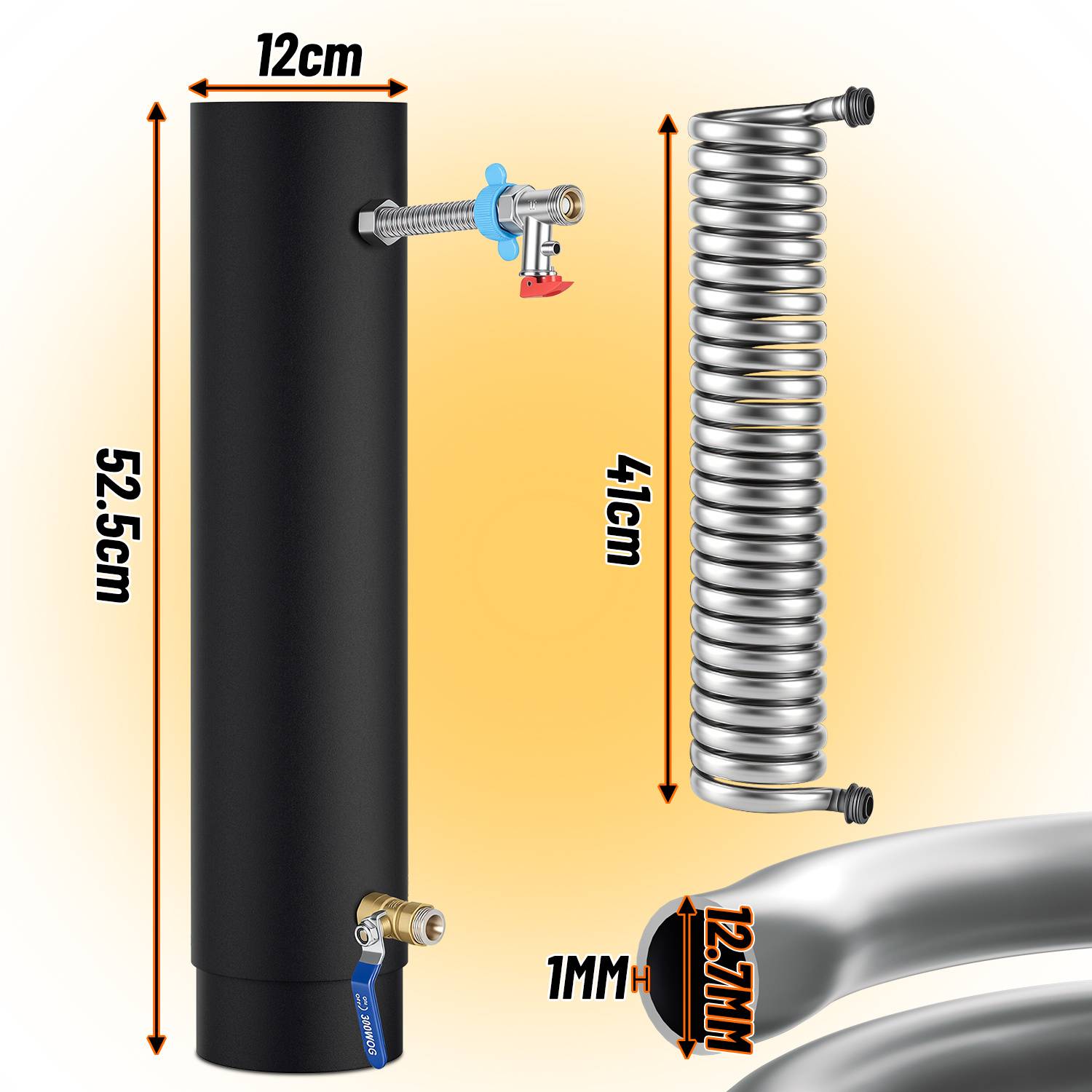 Produktabmessungsdiagramm eines schwarzen Zylinders und einer aufgewickelten Metallröhre, die eine Höhe von 52,5 cm, eine Breite von 12 cm, eine Spulenlänge von 41 cm und einen Rohrdurchmesser von 12,7 mm zeigt.