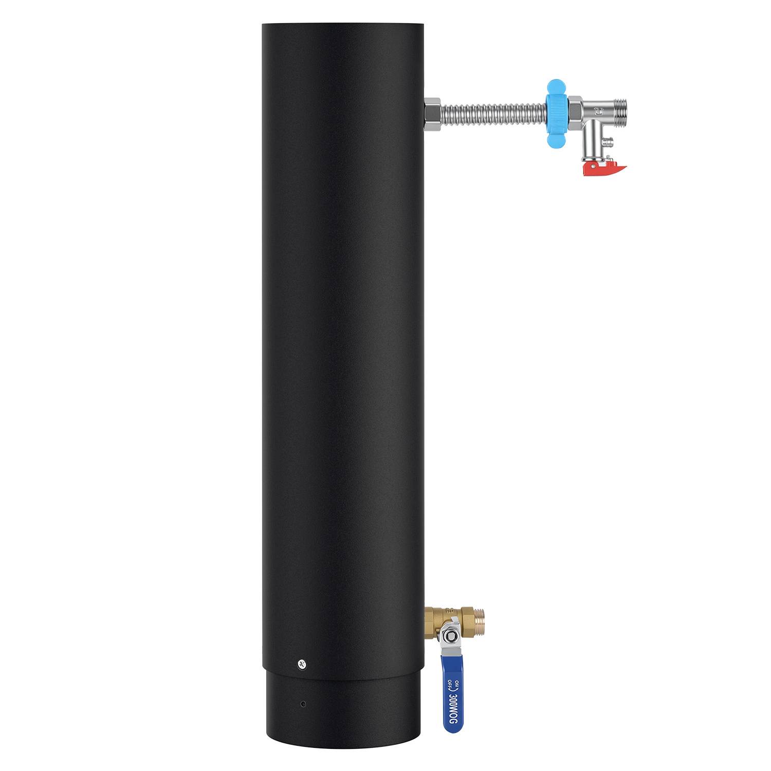 Ofenrohr mit Edelstahl-Heizschlange, 12 cm Durchmesser, 52,5 cm Höhe, komplettes Heizset mit Ventil und Zubehör für Warmwasser und Hausheizung