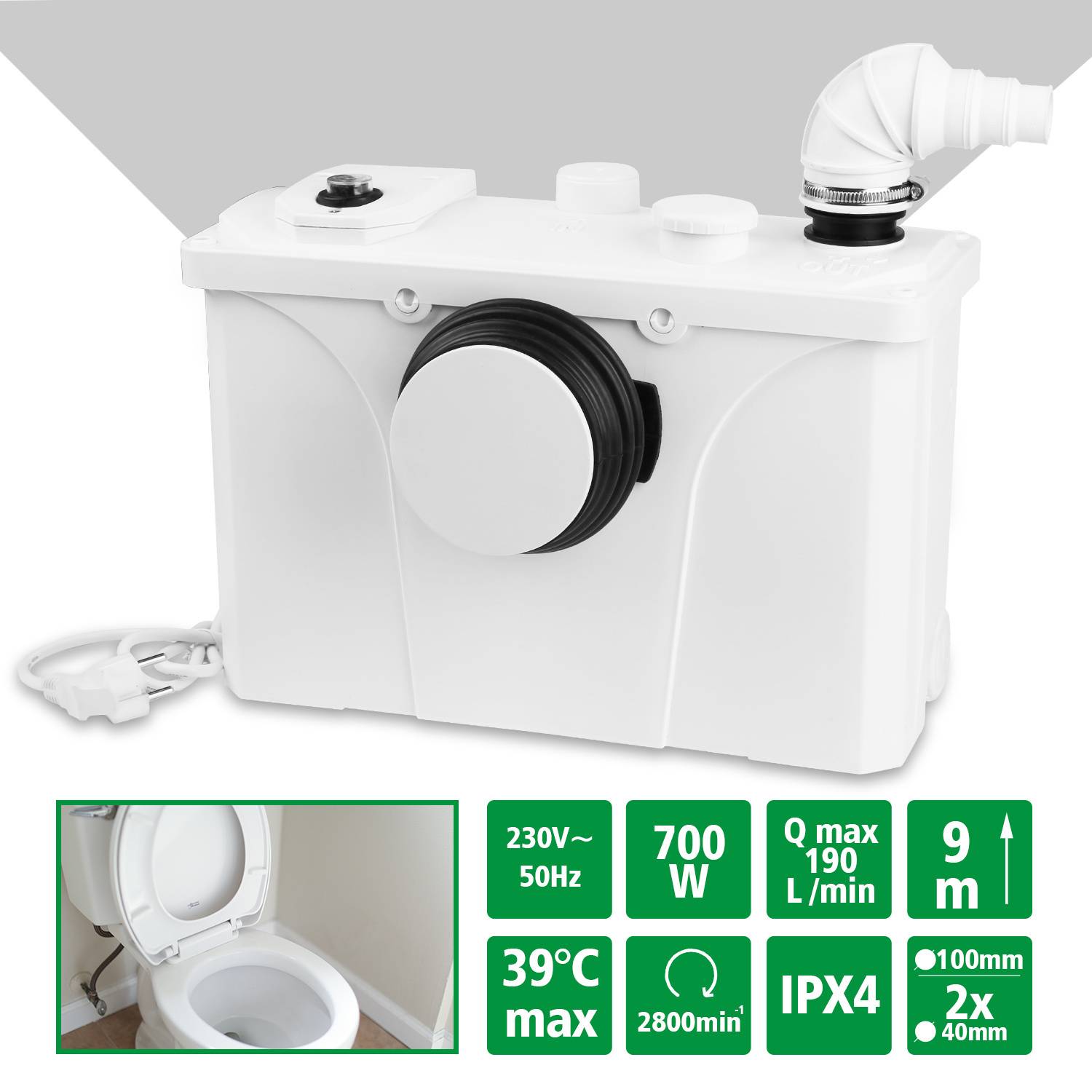 700W Hebeanlage Fäkalienpumpe Sanitär Schmutzwasserpumpe mit Zerkleinerer und Kohlefilter für WC, Dusche, Waschbecken, Bis 190L/min Abwasserentsorg