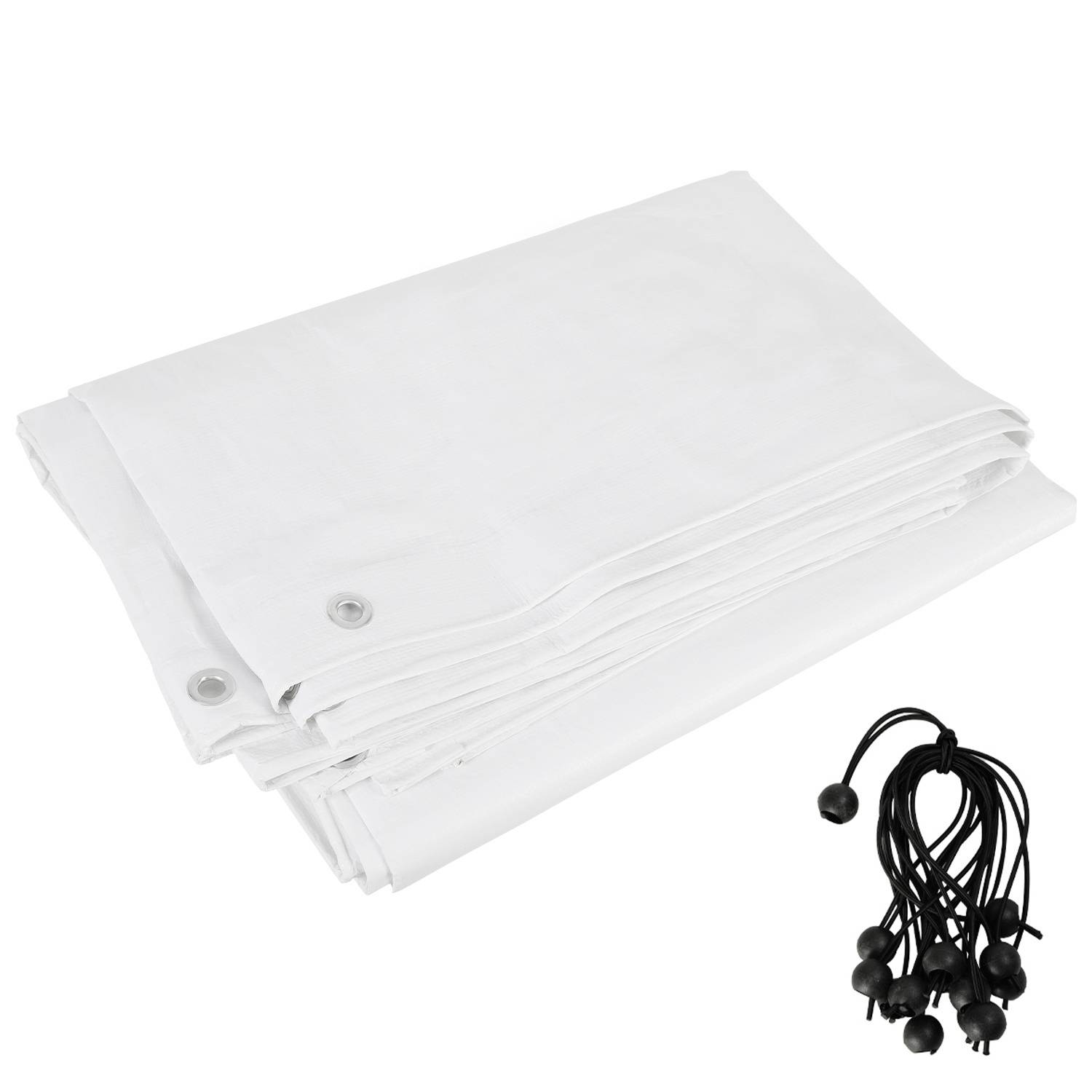 Eine gefaltete weiße Plane mit Metallösen an den Kanten. Daneben liegen mehrere schwarze Expanderseile mit Kugel-Endstücken zum Befestigen.