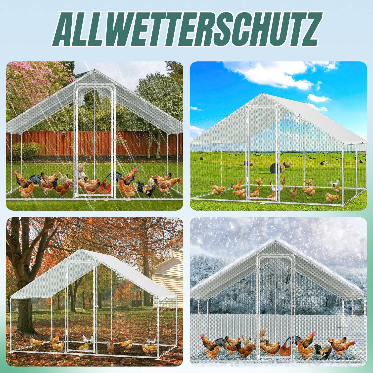 Vier Bilder von Hühnerställen mit 'Allwetterschutz'-Beschriftung. Jeder Stall wird in verschiedenen Wetterlagen gezeigt: Frühling, Sommer, Herbst und Winter.