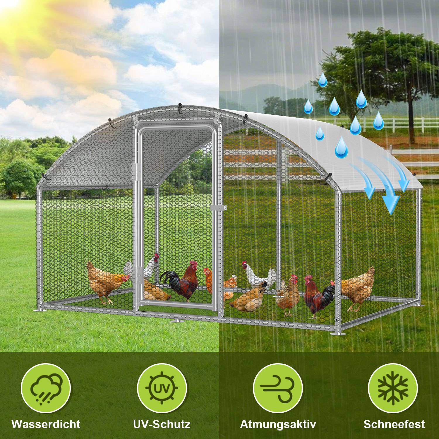 Hühnerstall im Freien mit einem wetterschützenden Dach, das wasserdichte, UV-beständige, atmungsaktive und schneefeste Eigenschaften aufweist.