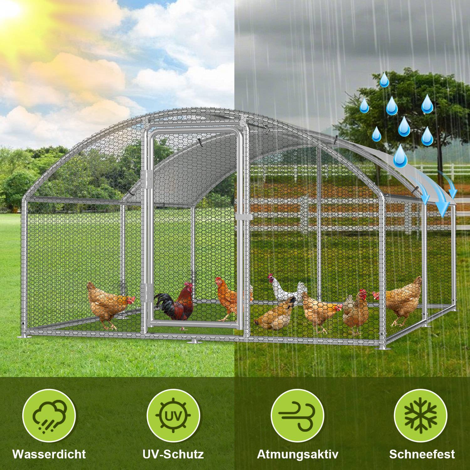 Ein Hühnerstall mit mehreren Hühnern im Inneren, überdacht von einem transparenten Dach, wird halb bei Sonnenschein und halb bei Regen dargestellt. Icons deuten Merkmale an: wasserdicht, UV-Schutz, atmungsaktiv, schneefest.