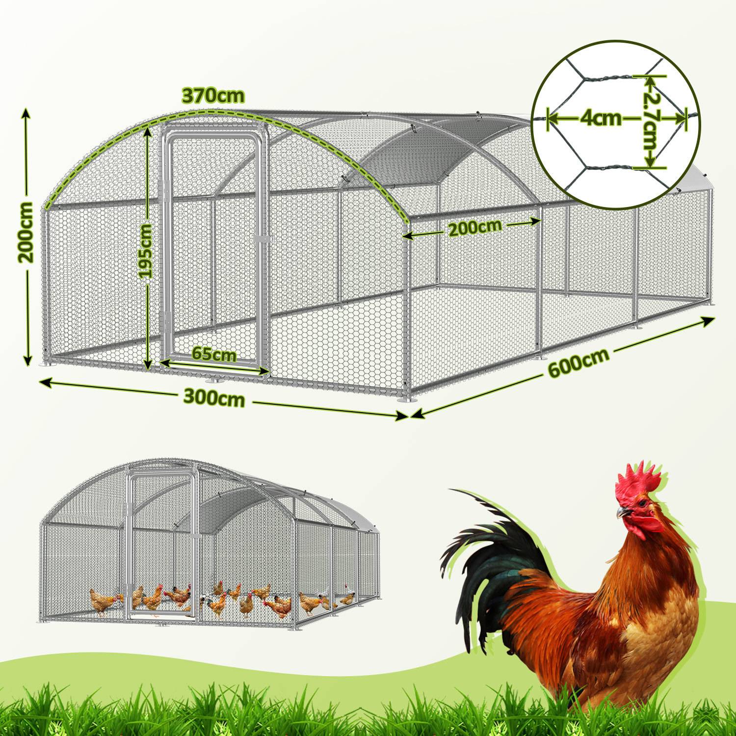 Metallgeflügelstall mit umzäuntem Gehege, misst 370 cm x 195 cm x 200 cm. Beinhaltet sechs Hühner im Inneren. Diagramm zeigt Abmessungen.