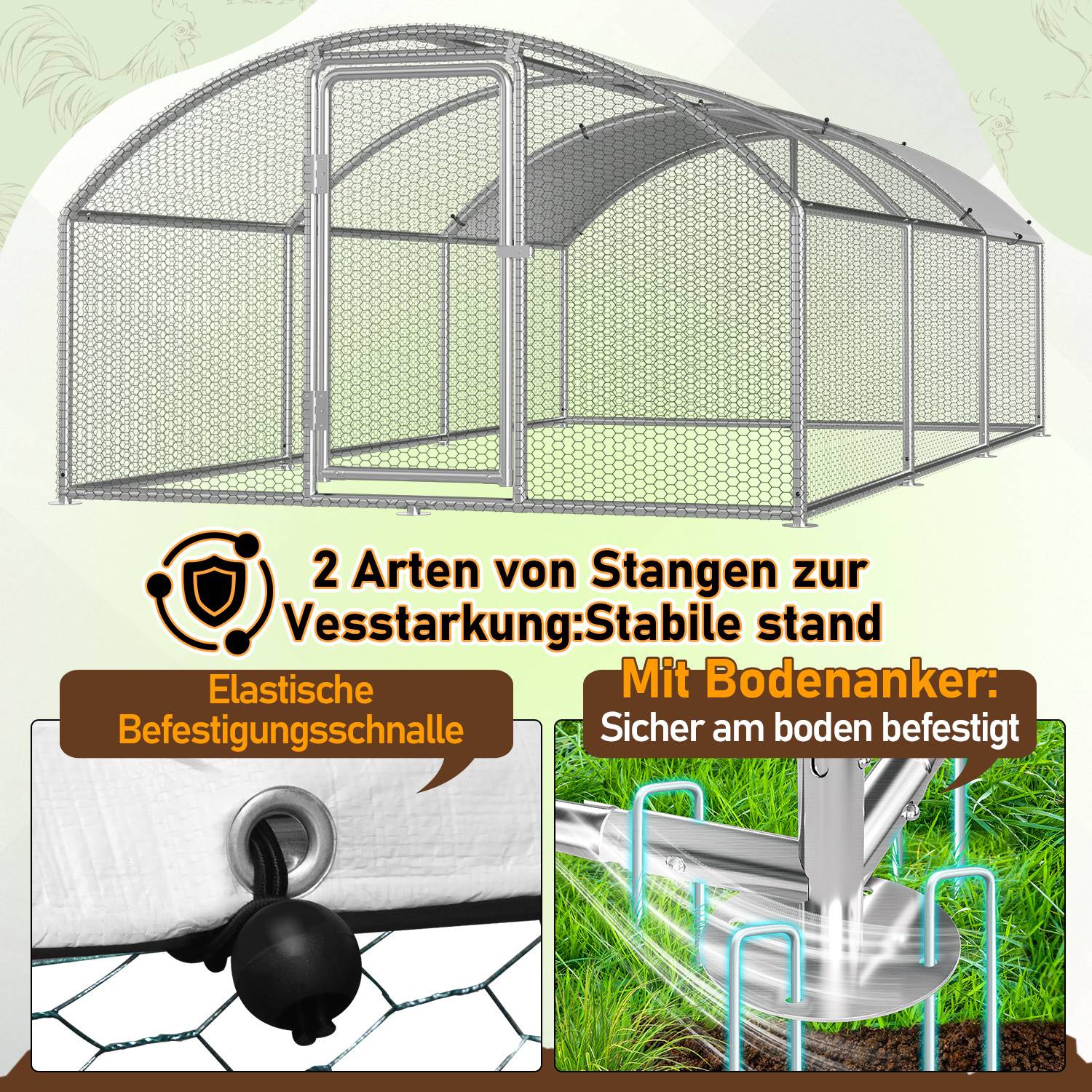Drahtgitterstruktur mit verstärkten Stangen; beschriftet: 2 Arten von Stangen zur Verstärkung: Stabile Stand. Elastische Befestigungsschnalle gezeigt mit Beschriftung; stellt Funktionalität dar. Bodenankerbild mit Beschriftung: Mit Bodenankern: Sicher am Boden befestigt.