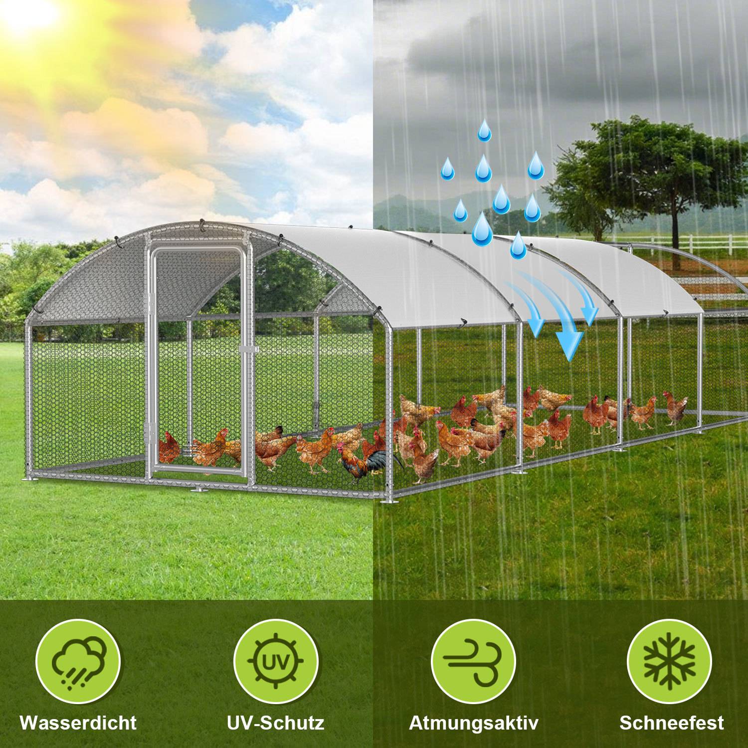 Hühner in einem Freilaufgehege mit einem gebogenen, transparenten Dach. Regen und Wassertropfen dargestellt, was einen wetterfesten Unterschlupf andeutet, mit Symbolen für wasserdicht, UV-Schutz, atmungsaktiv und schneefest.