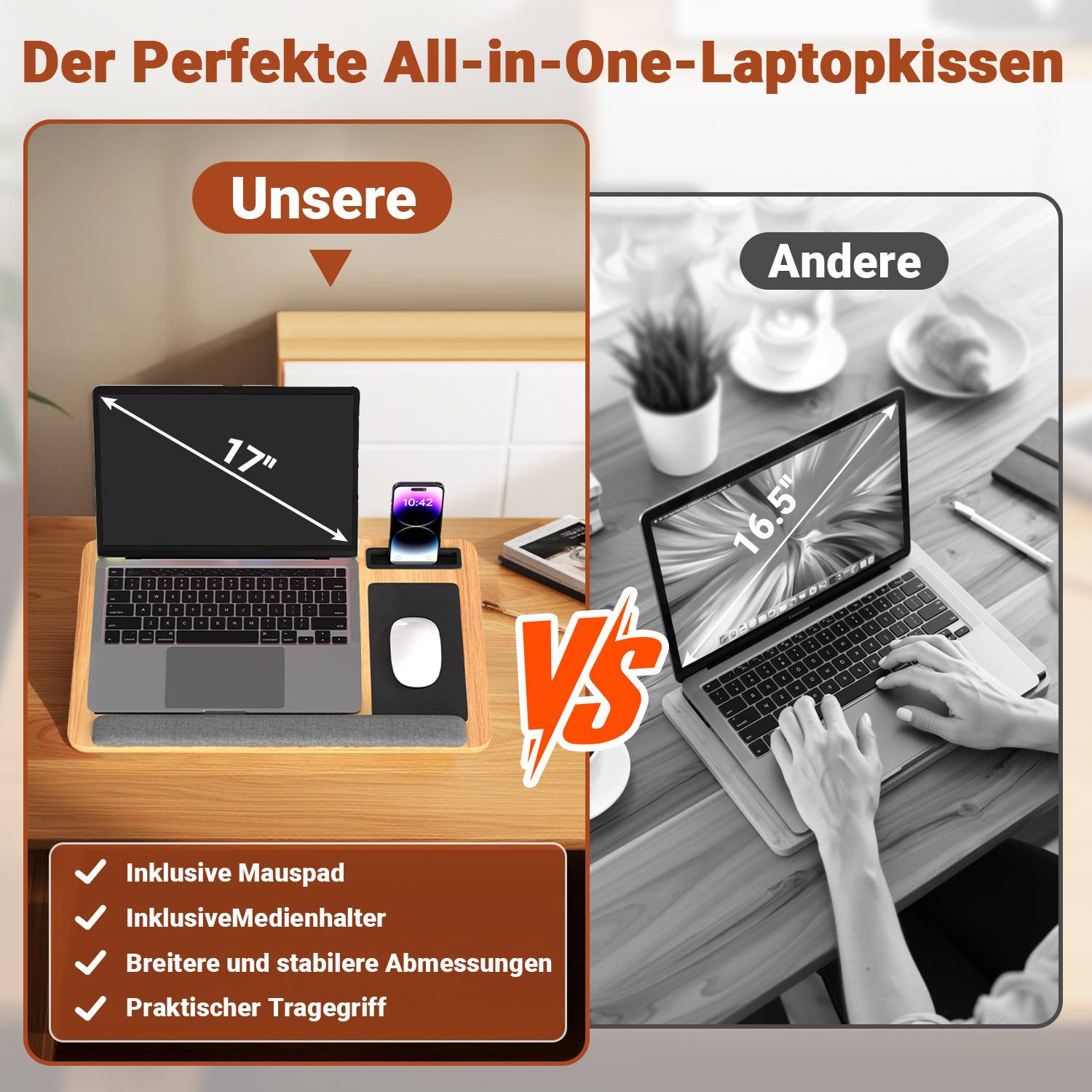 Laptoptisch, Laptopkissen mit Card Slot Design, Tragbare Laptop-Ständer, Notebook Knietablett, mit Mauspad, mit Griff