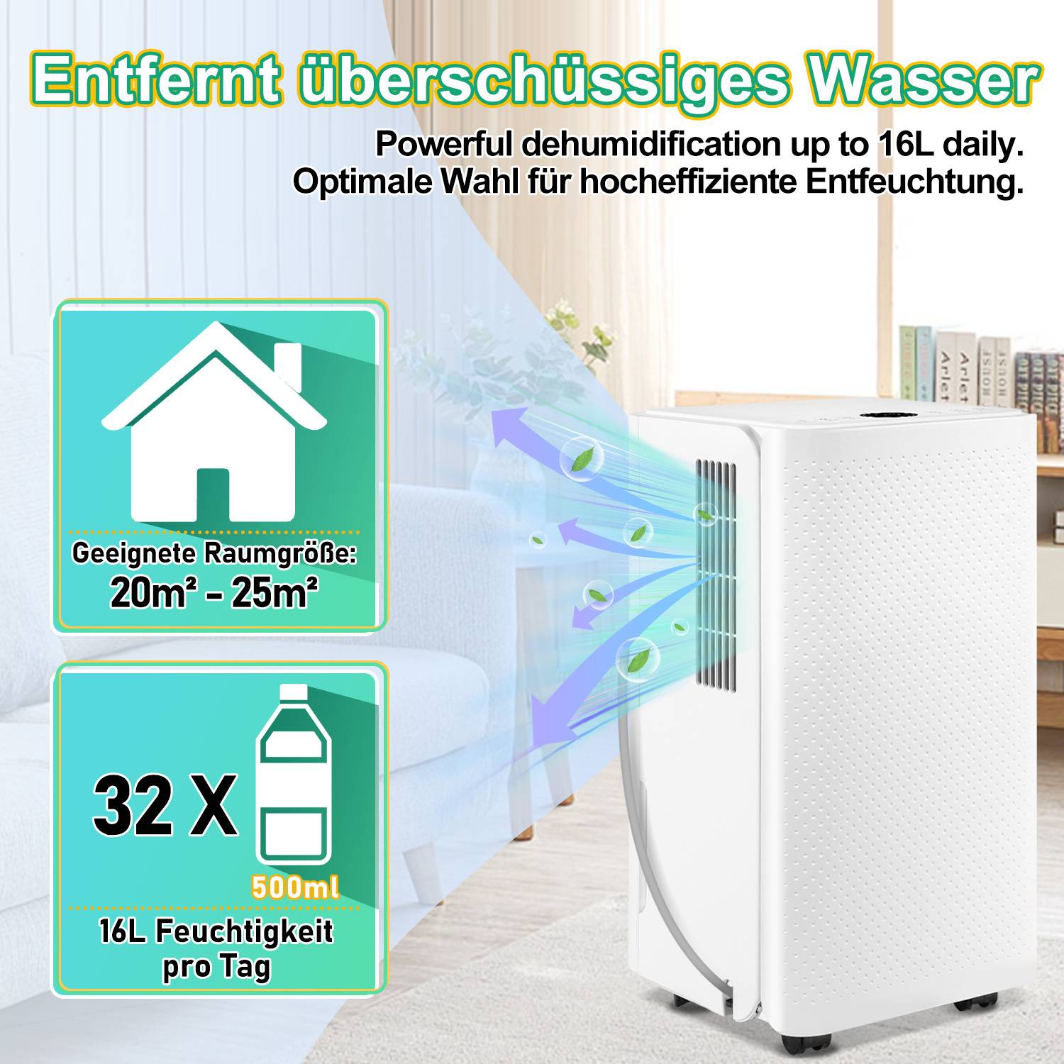 Luftentfeuchter 16L/24h, Raumgröße ca. 25 m², 195 W, 2l Wassertank, Ablaufschlauch, Timer