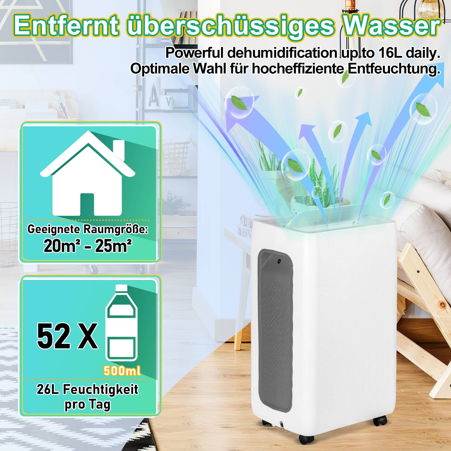 Luftentfeuchter 26L/24h, Raumgröße ca. 25 m², 420 W, 4,3l Wassertank, Ablaufschlauch, Timer