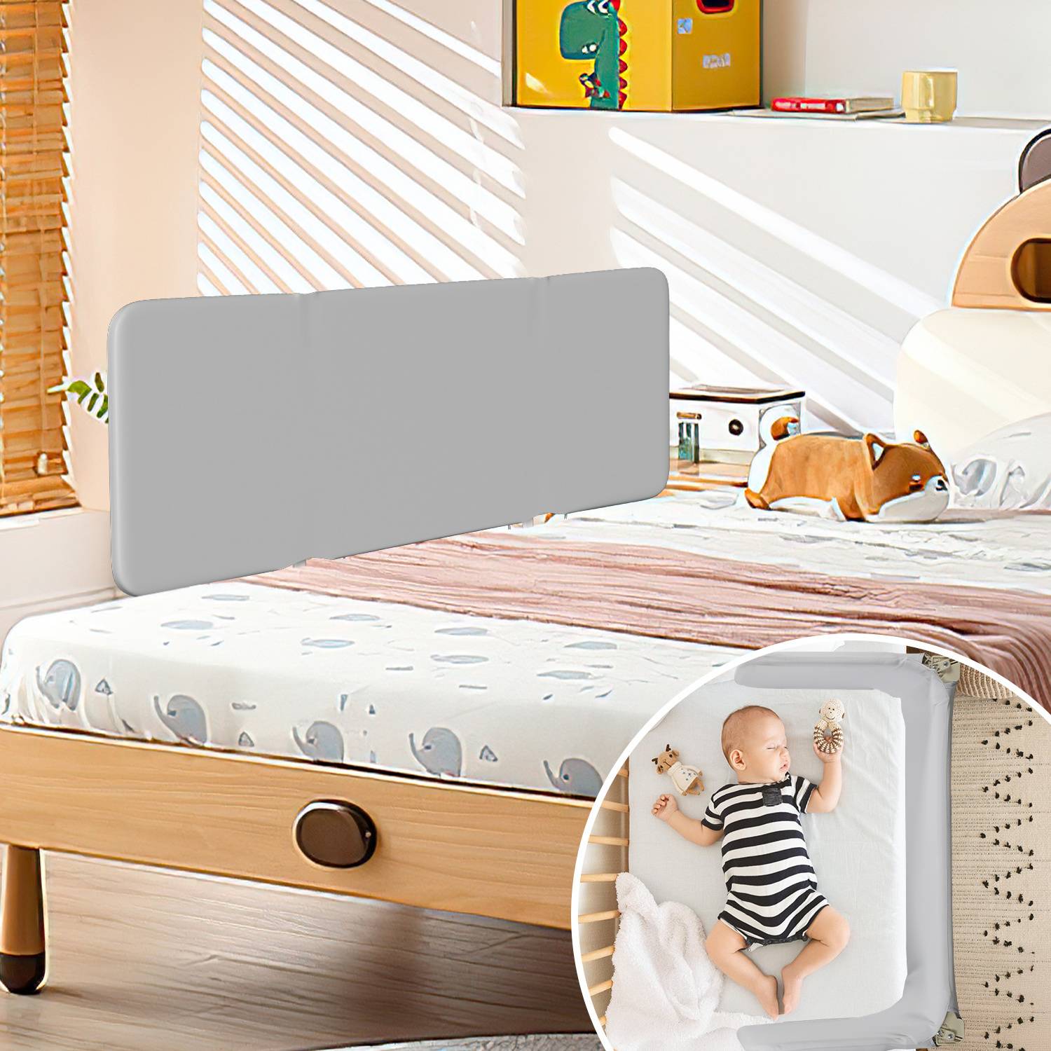 Bettschutzgitter Bettgitter Kinderbettgitter 120cm Grau Faltbar mit 2 Befestigungsbändern und Aufbewahrungsbeutel Höhenverstellbar Rausfallschutz