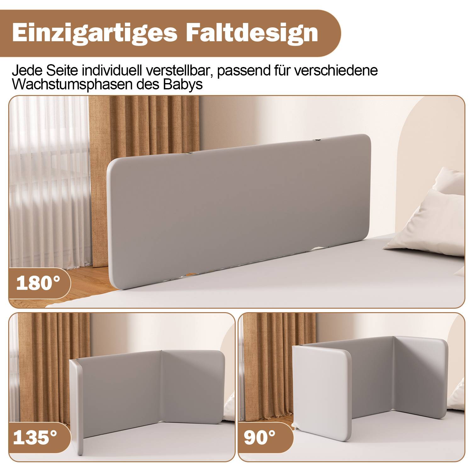 Bettschutzgitter Bettgitter Kinderbettgitter 150cm Grau Faltbar mit 2 Befestigungsbändern und Aufbewahrungsbeutel Höhenverstellbar Rausfallschutz