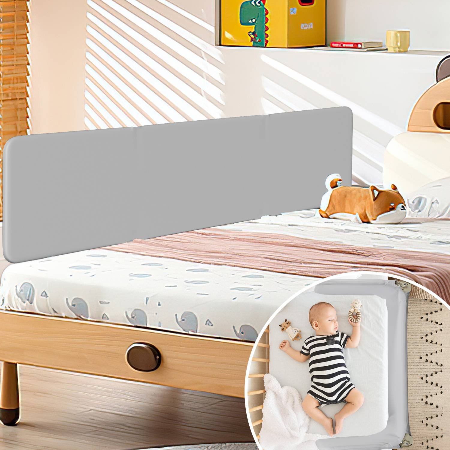 Bettschutzgitter Bettgitter Kinderbettgitter 180cm Grau Faltbar mit 2 Befestigungsbändern und Aufbewahrungsbeutel Höhenverstellbar Rausfallschutz