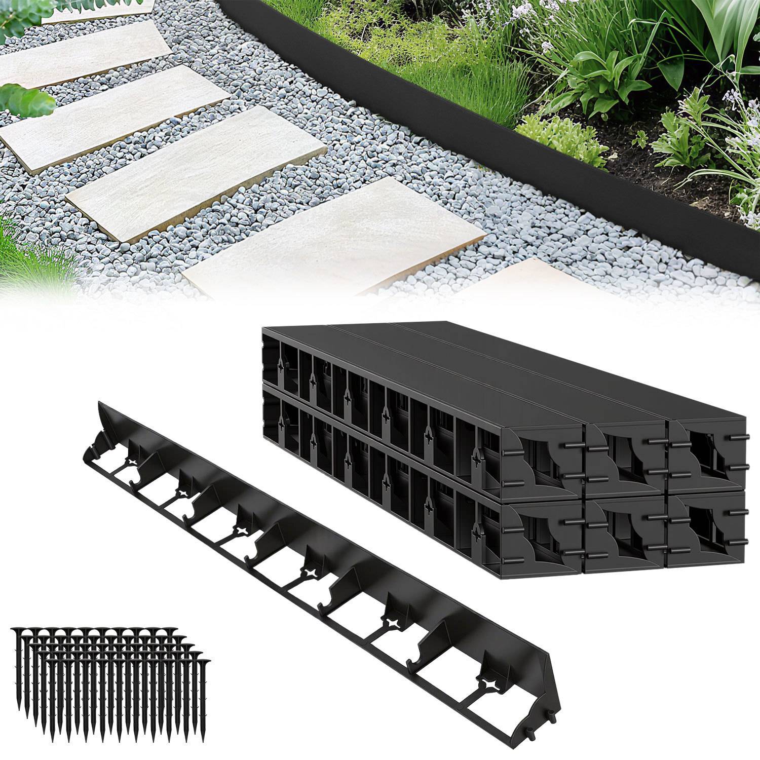 60m Flexible Rasenkante aus Kunststoff zur Verankerung Beetumrandung Beeteinfassungen Mähkante Pflasterkante Schwarz mit 250 Erdanker