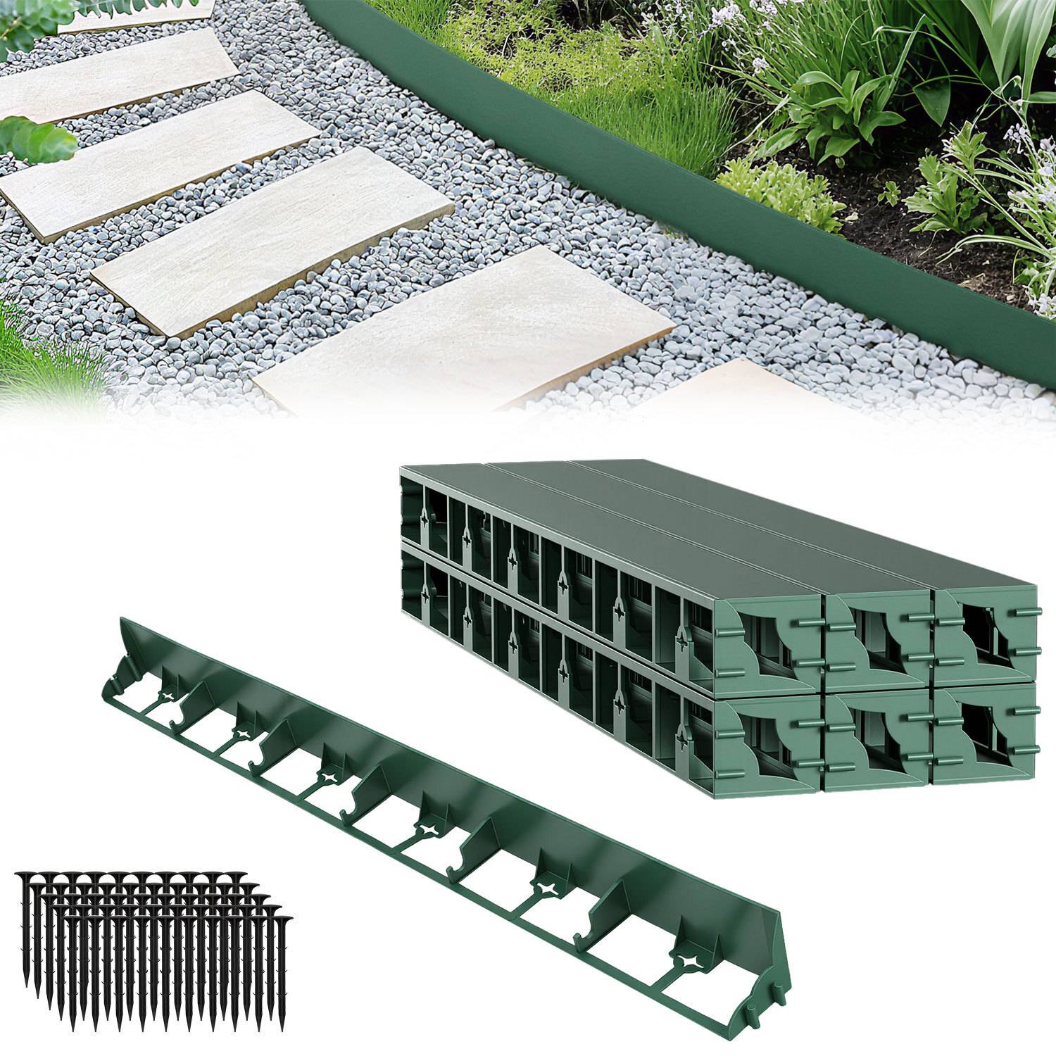 12m Flexible Rasenkante aus Kunststoff zur Verankerung Beetumrandung Beeteinfassungen Mähkante Pflasterkante Grün mit 50 Erdanker