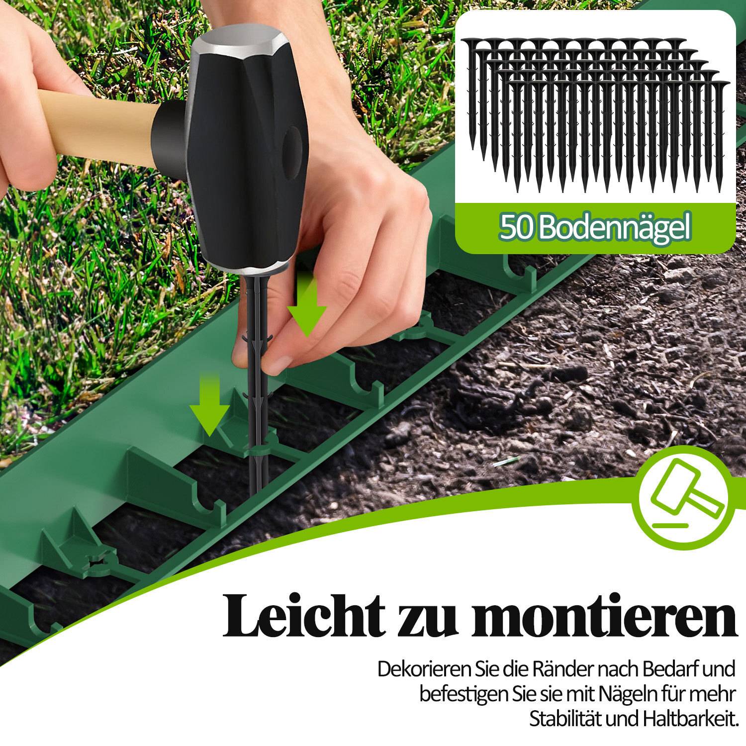 12m Flexible Rasenkante aus Kunststoff zur Verankerung Beetumrandung Beeteinfassungen Mähkante Pflasterkante Grün mit 50 Erdanker