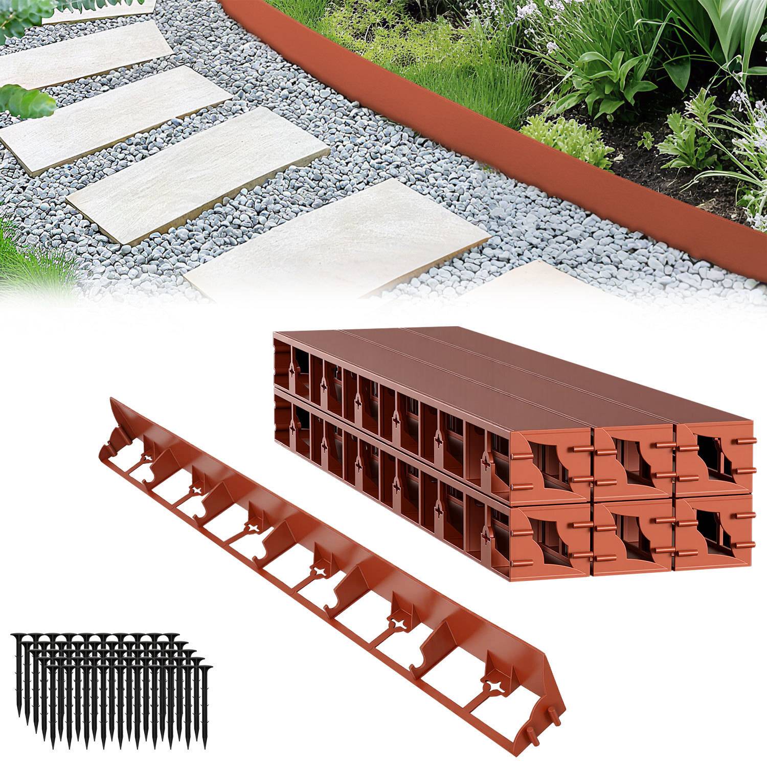 36m Flexible Rasenkante aus Kunststoff zur Verankerung Beetumrandung Beeteinfassungen Mähkante Pflasterkante Braun mit 150 Erdanker