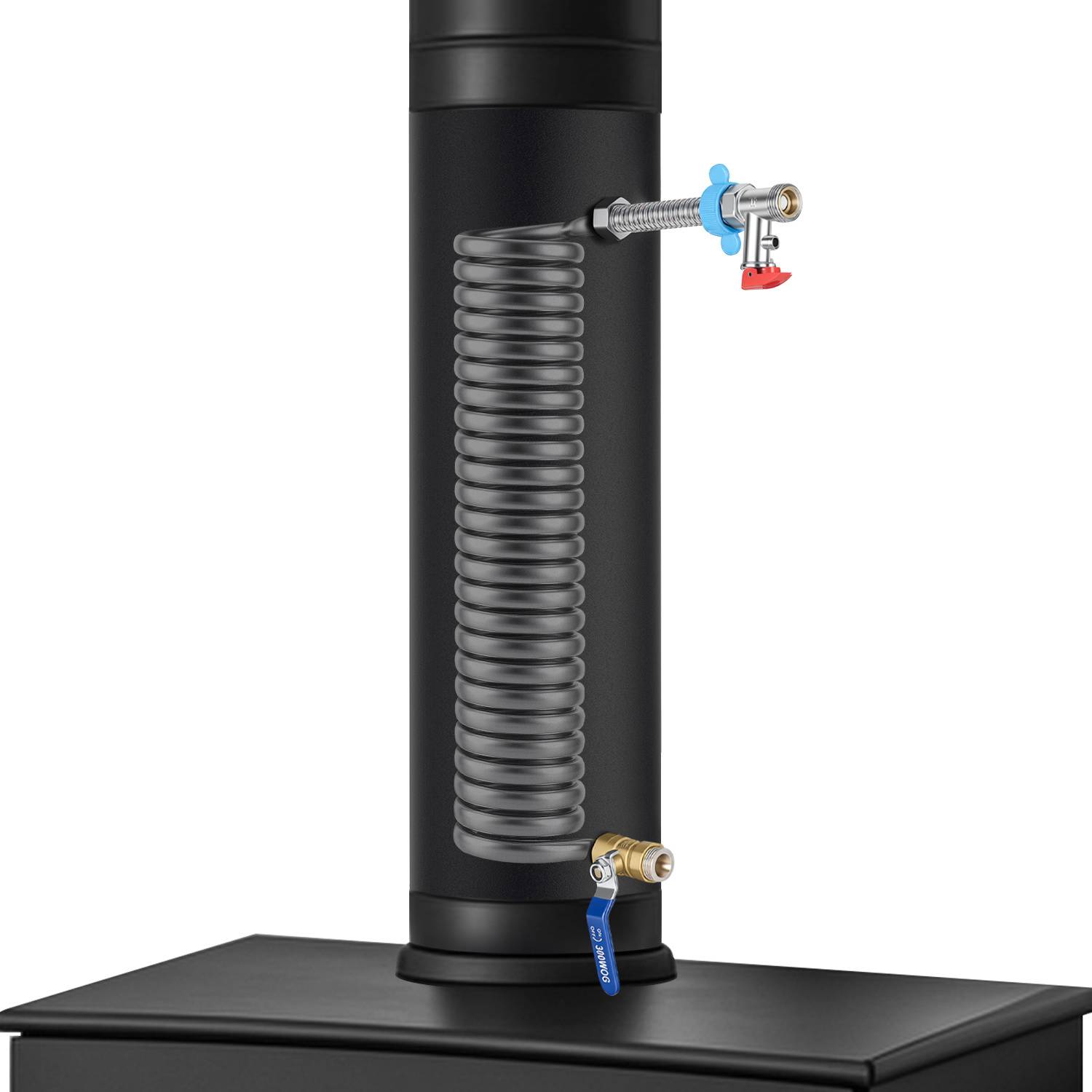 Kaminrohr Ø15 cm mit Edelstahl-Heizspirale, 52,5 cm Höhe, Komplettset mit Kugelhahn, Überdruckventil und Zubehör – Effizienter Wärmetauscher f