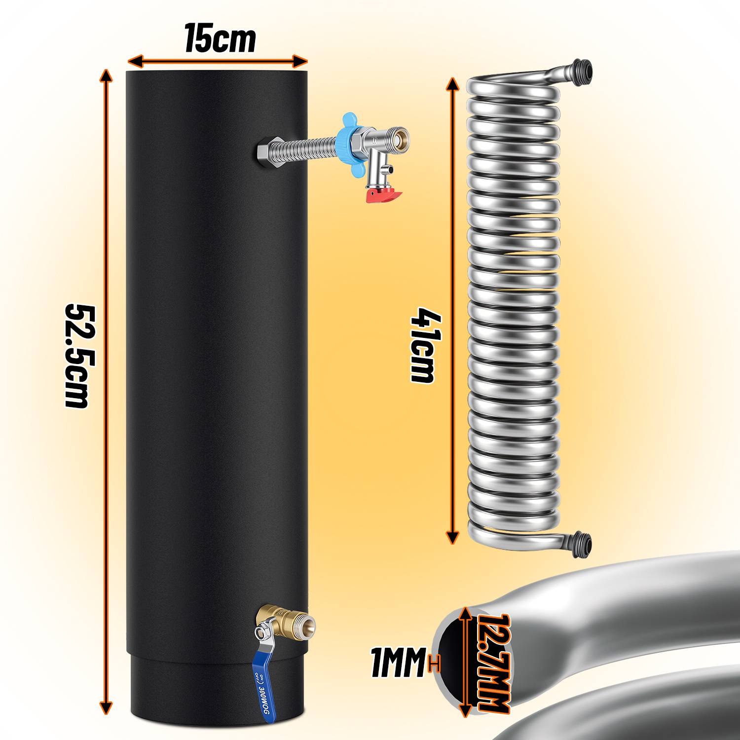 Kaminrohr Ø15 cm mit Edelstahl-Heizspirale, 52,5 cm Höhe, Komplettset mit Kugelhahn, Überdruckventil und Zubehör – Effizienter Wärmetauscher f