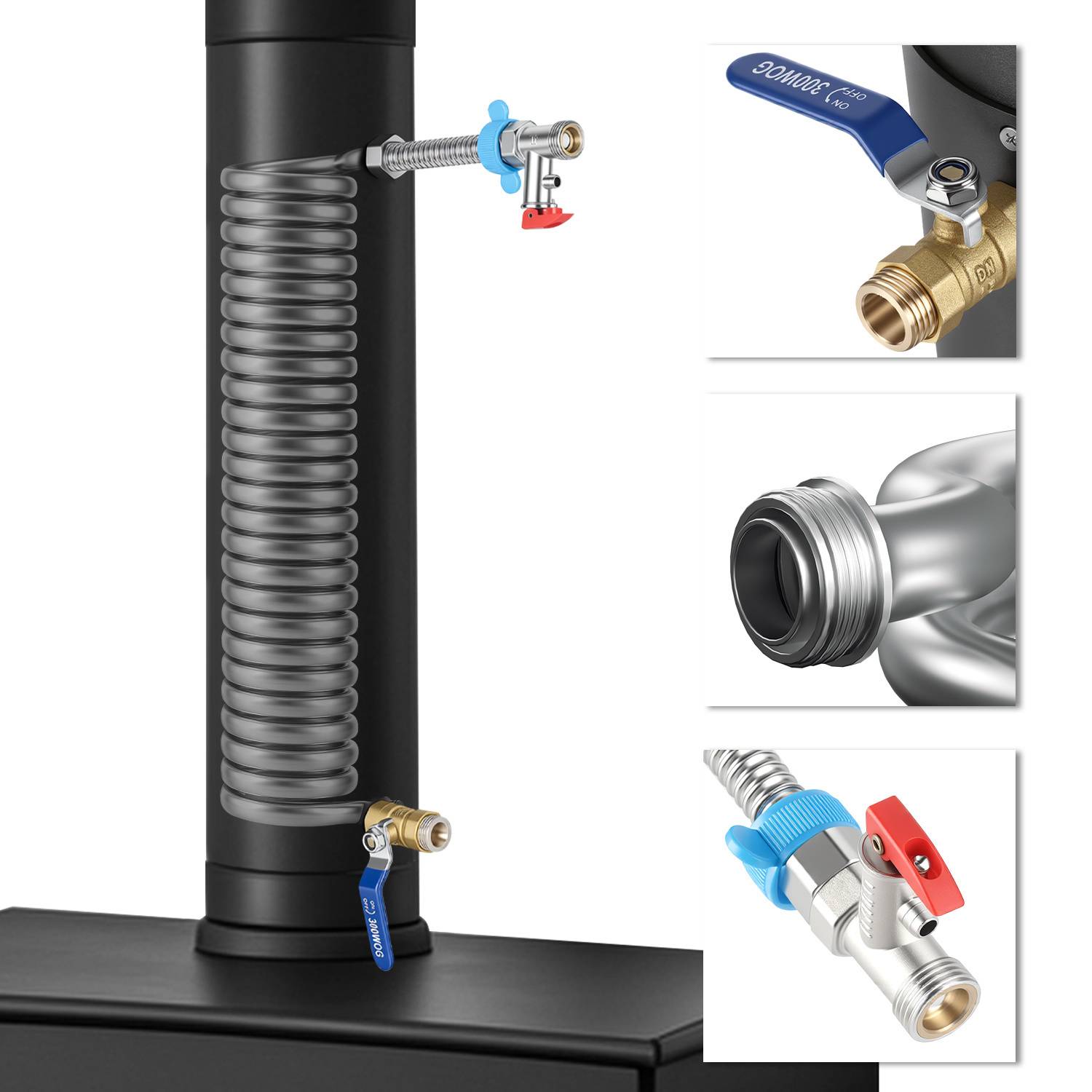 Kaminofenrohr mit Edelstahl-Heizspirale, Ø15 cm, 52,5 cm Höhe, für Warmwasser und Heizungsunterstützung