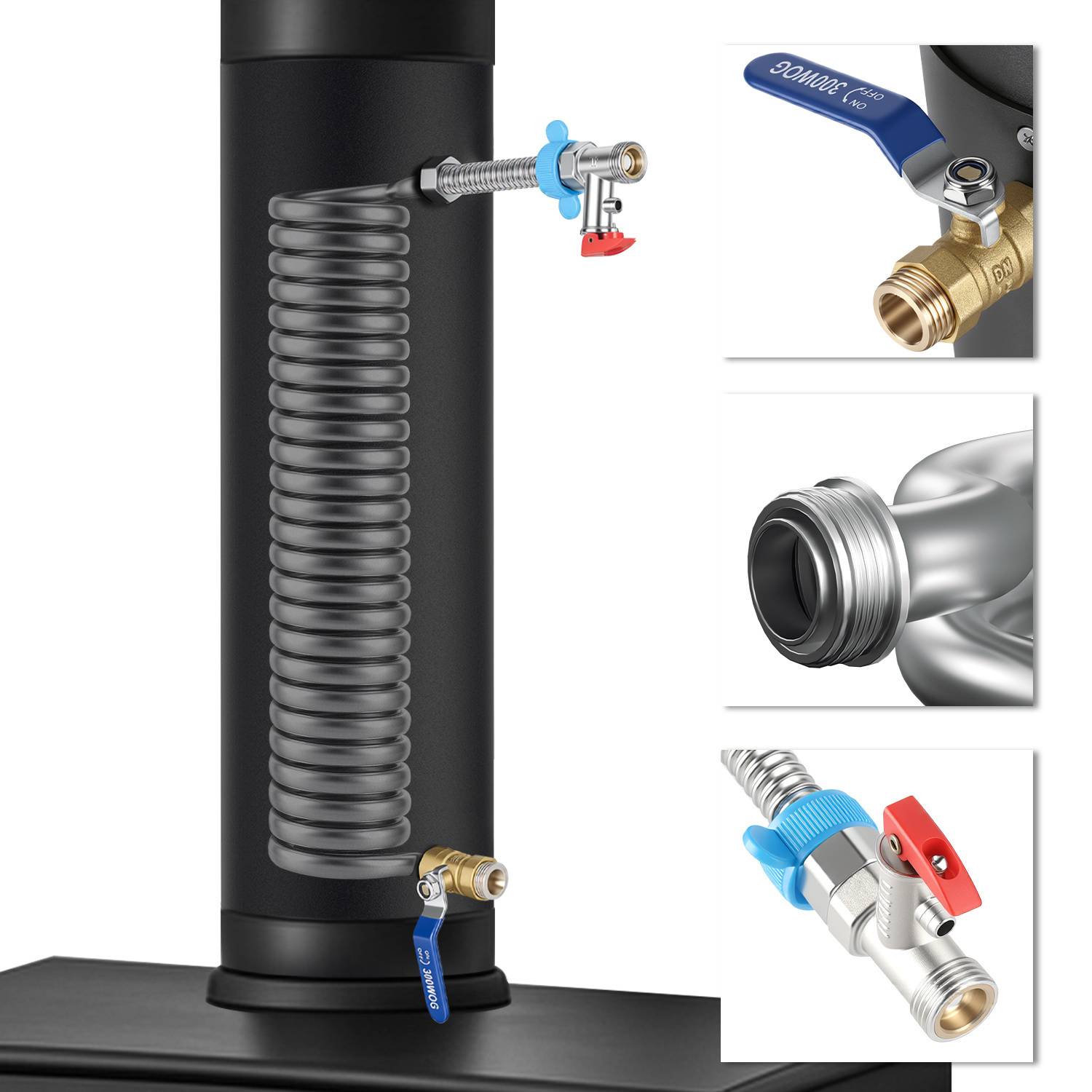 Ofenrohr mit Edelstahl-Heizschlange, 15 cm Durchmesser, 52,5 cm Höhe, komplettes Heizset mit Ventil und Zubehör für Warmwasser und Hausheizung
