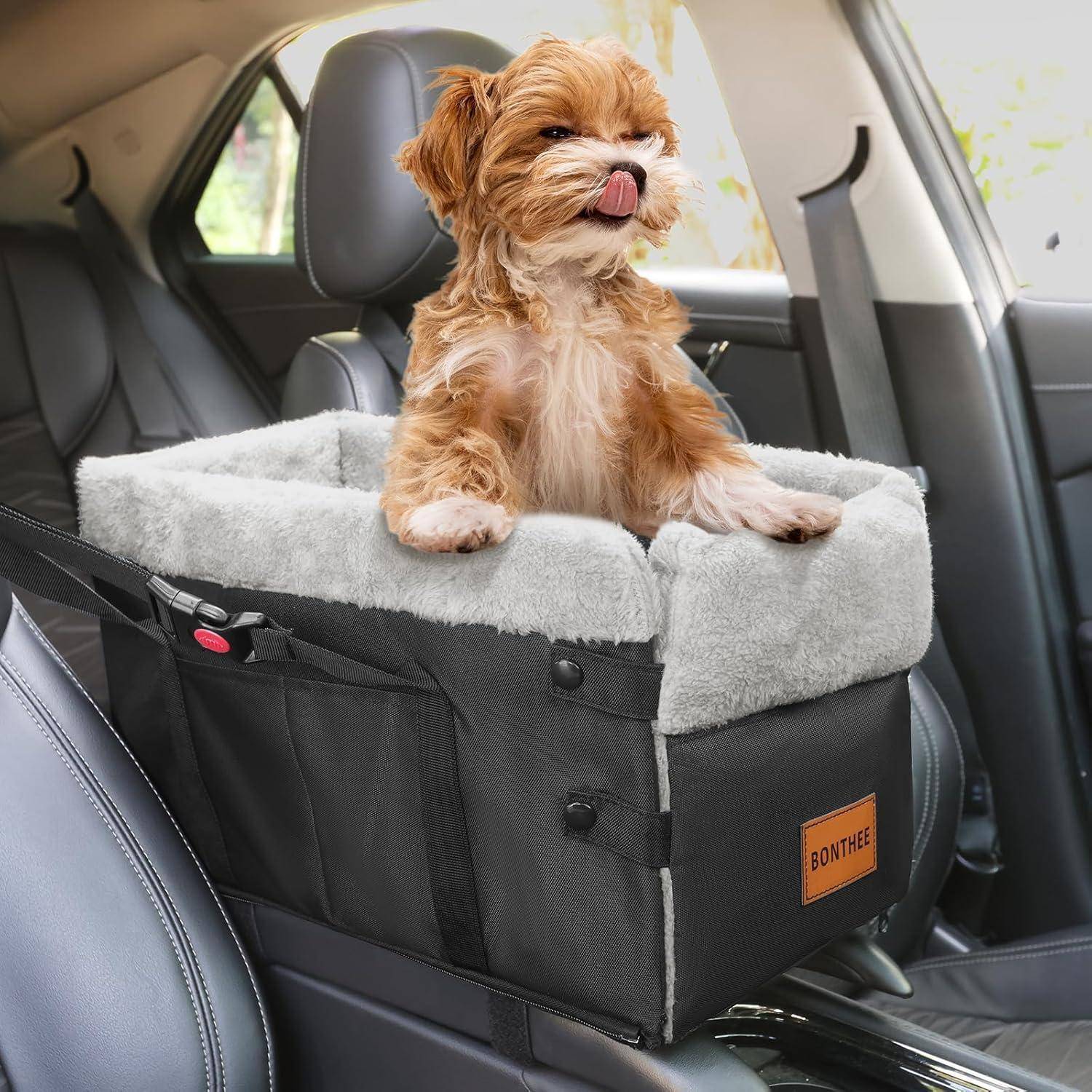 Ein kleiner brauner und weißer Hund sitzt bequem in einem grauen Autositz für Haustiere, der auf dem Rücksitz eines Autos befestigt ist, und blickt aufmerksam und fröhlich.