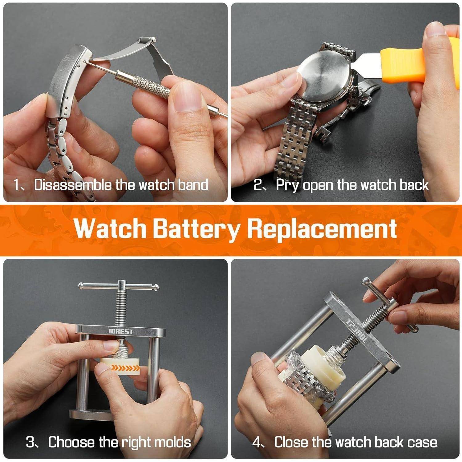 Batterie-Wechsel einer Uhr: 1. Uhrenarmband demontieren. 2. Uhrgehäuserückseite aufhebeln. 3. Passende Halterungen auswählen. 4. Uhrgehäuserückseite schließen.