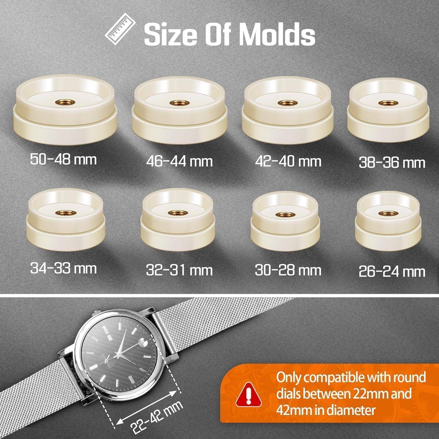 Abbildung zeigt verschiedene Moldgrößen mit Durchmesserbezeichnungen von 22-42 mm. Hinweis: Nur kompatibel mit runden Scheiben zwischen 22 mm und 42 mm Durchmesser.
