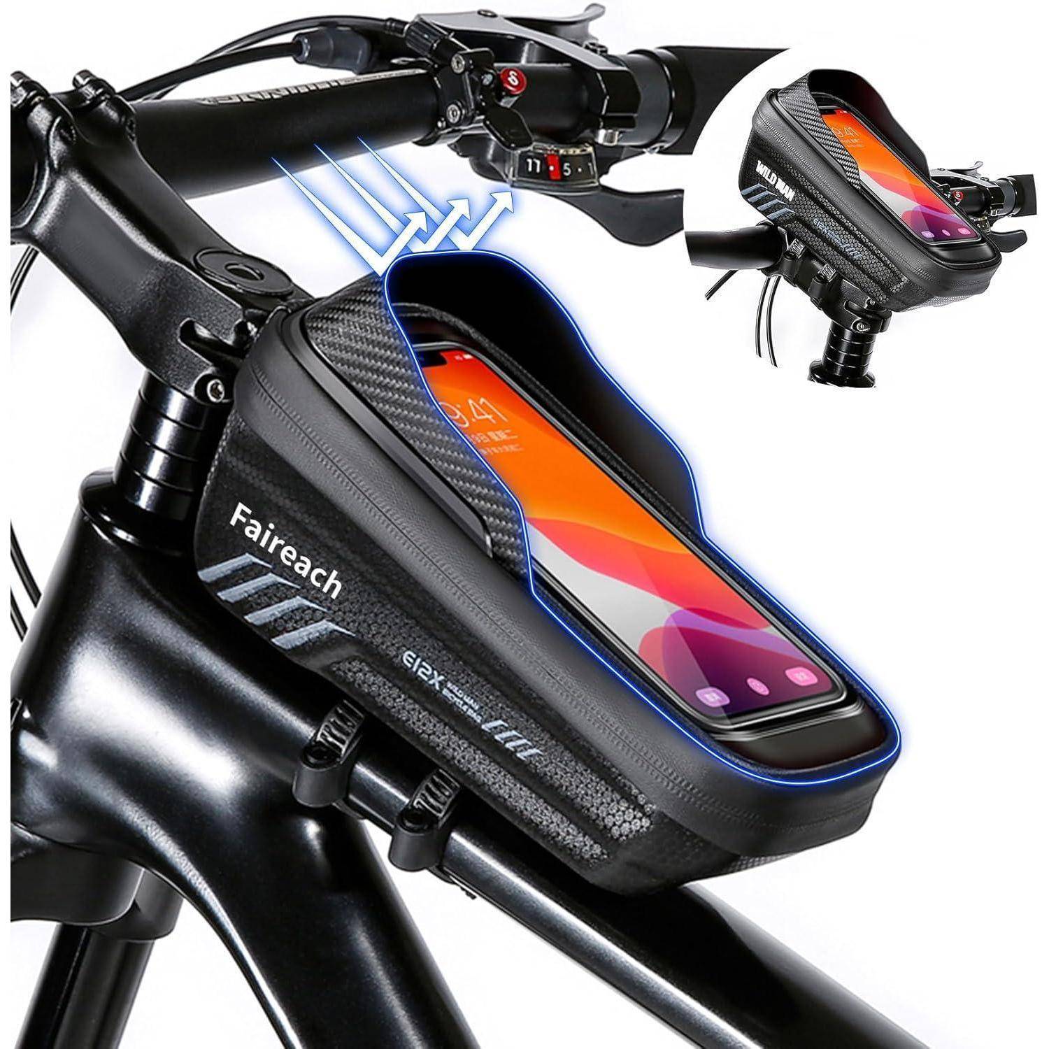 Fahrradlenker mit wasserdichtem Smartphone-Halter, touchscreenfreundlich, geeignet für Navigation während des Radfahrens.
