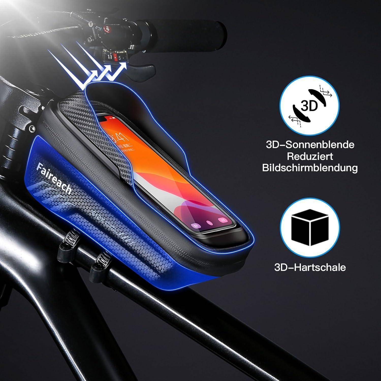 Ein Smartphone ist in einer wasserdichten, blau-schwarzen Fahrradlenkertasche mit hervorgehobener '3D-Hartschale' gesichert, die Funktionalität für das Radfahren zeigt.