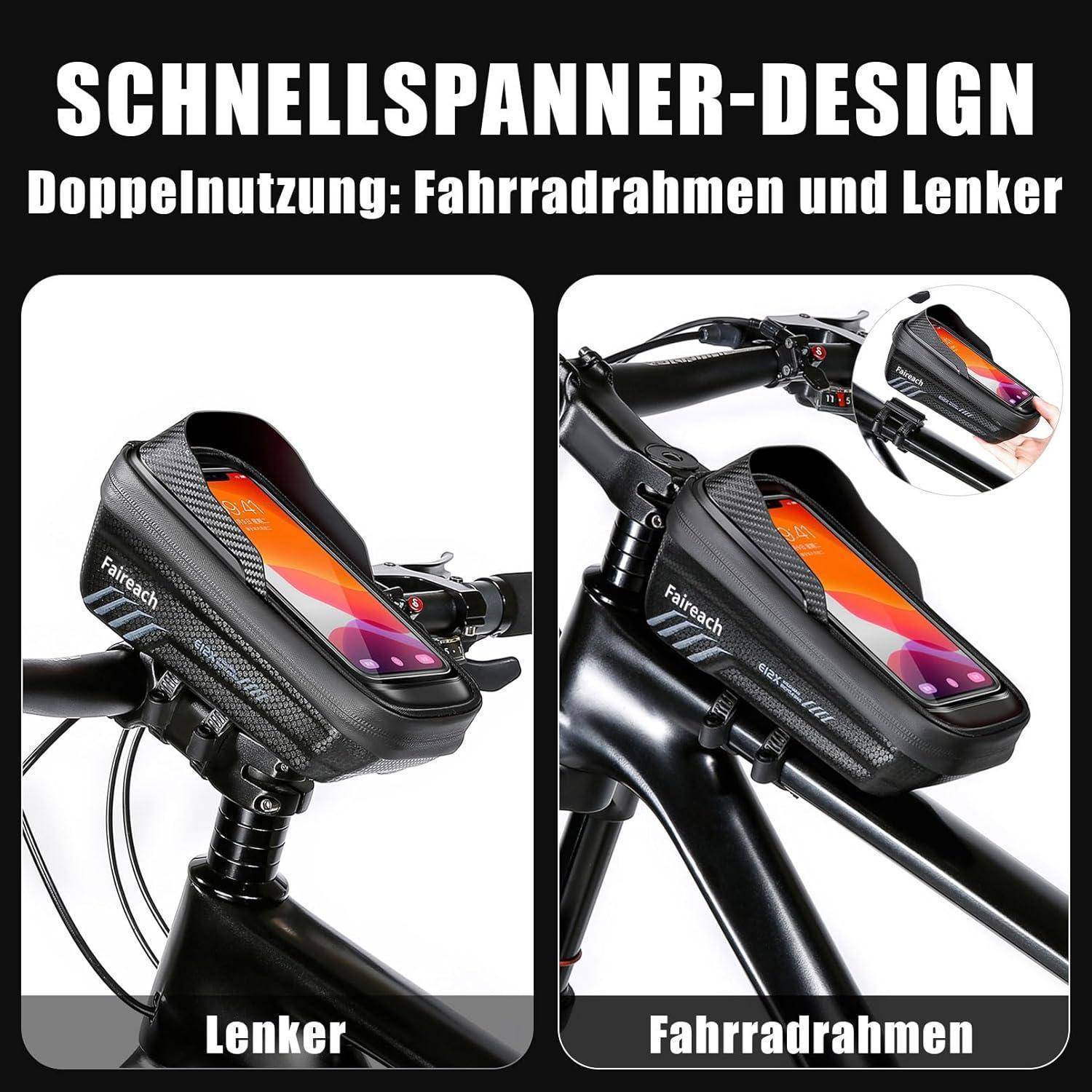 Fahrrad-Zubehör mit Schnellverschluss-Design zur doppelten Verwendung am Lenker und Rahmen, mit einem sichtbaren Smartphone im Inneren der Tasche.