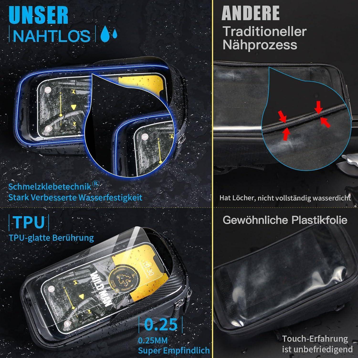 Das Bild vergleicht zwei wasserdichte Taschen: 'Unser Nahtlos' ohne Nähte und mit TPU-Oberfläche, im Gegensatz zu einer herkömmlichen Plastiktasche mit Nähten, wobei die verbesserte Wasserdichtigkeit und Berührungsempfindlichkeit der erstgenannten hervorgehoben werden.