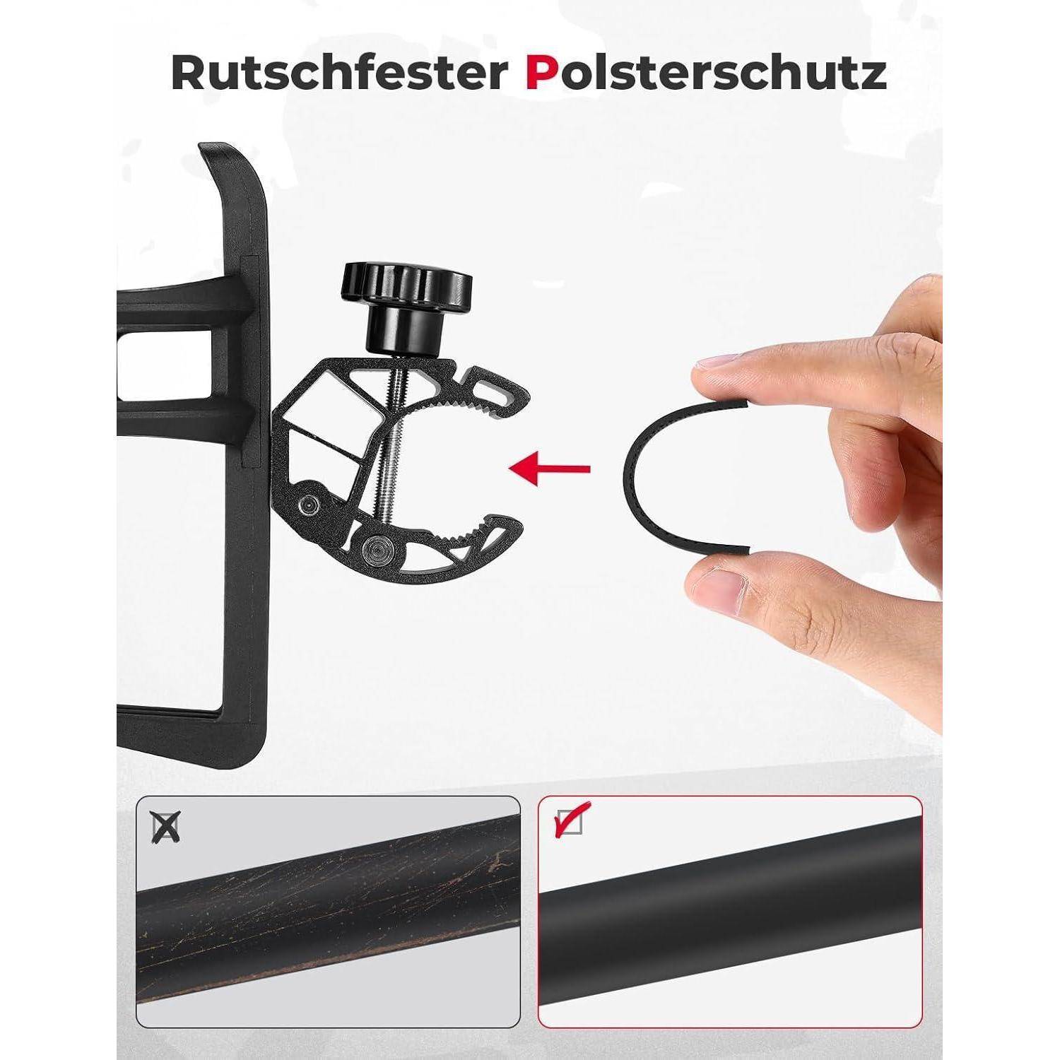 Ein 'Rutschfester Polsterschutz' zeigt eine Hand, die ein Gummipad an einer Klemme für einen rutschfesten Schutzgriff befestigt. Veranschaulicht die sichere Befestigung.