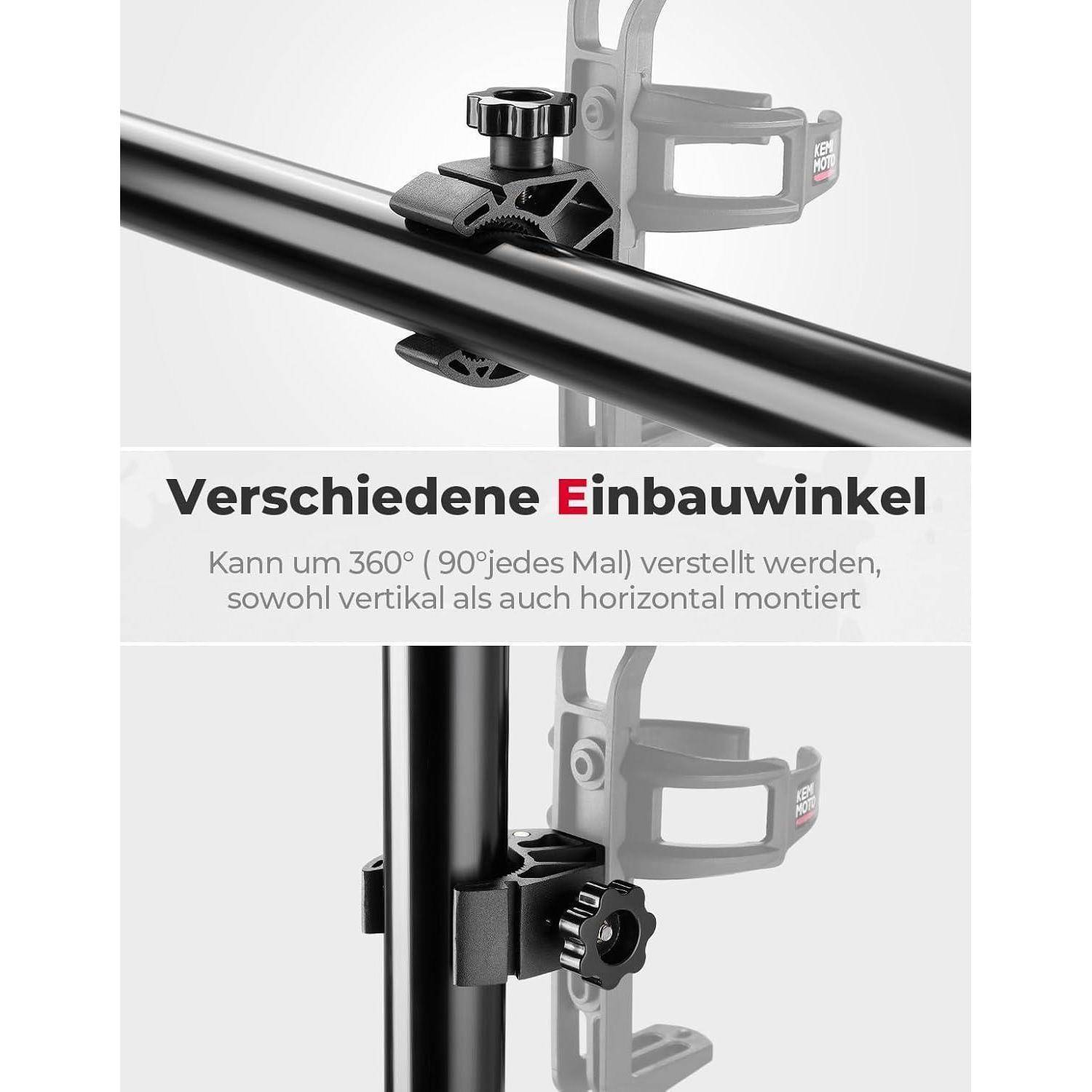 Eine Klemmhalterung, die eine 360-Grad-Rotation für vertikale und horizontale Montage ermöglicht und deren Funktionsweise an einer vertikalen Stange demonstriert wird.