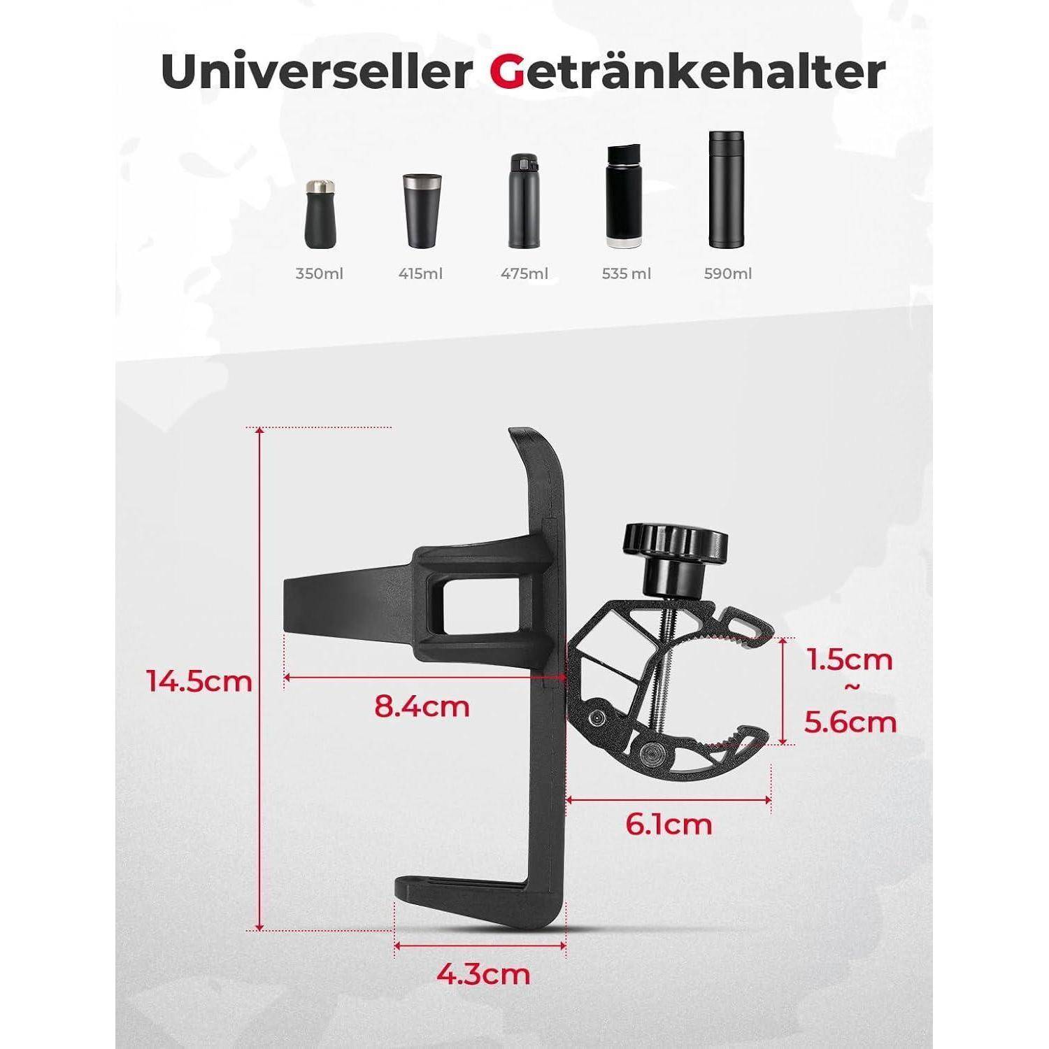 Universeller Getränkehalter - Bild. Zeigt Haltermaße: 14,5 cm Höhe, 8,4 cm Breite, 4,3 cm Tiefe und verstellbarer Durchmesser von 5,6 cm–6,1 cm. Kompatibel mit Behältern von 350 ml bis 590 ml.