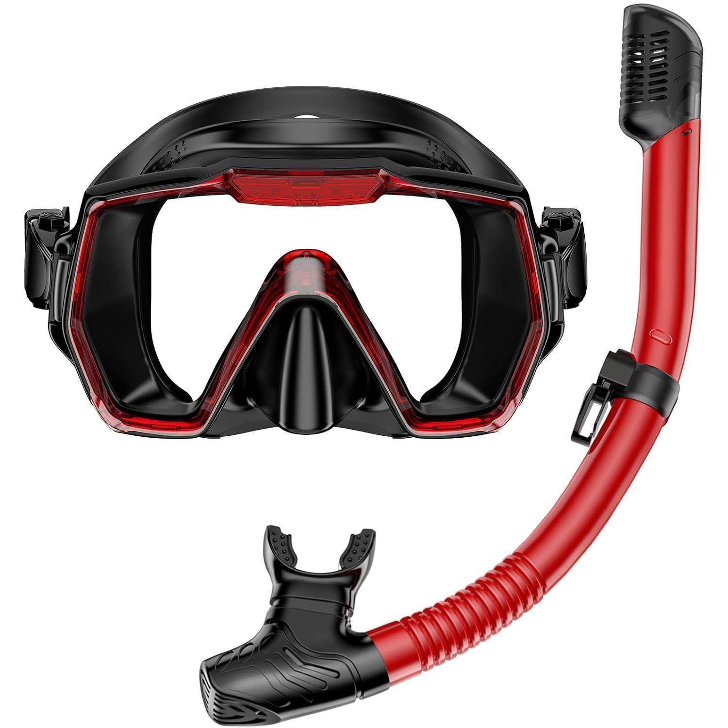 Ein rot-schwarzes Schnorchelset bestehend aus einer Maske und einem passenden Schnorchelrohr, entwickelt für das Atmen unter Wasser und zur Sichtverstärkung.